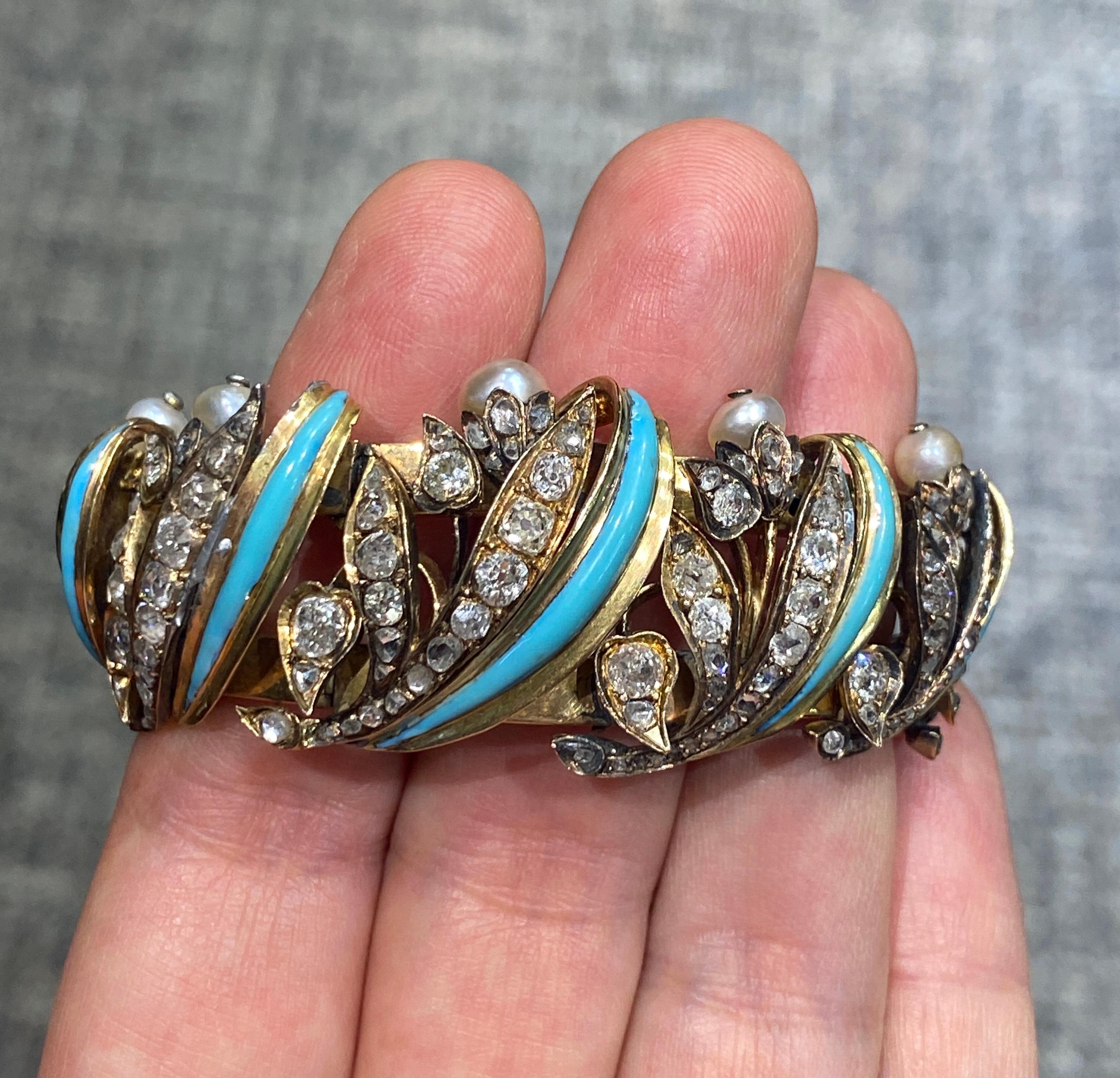 Old Mine Cut 1820 European 18k gold, turquoise, old mine cut diamond & natural pearl bracelet For Sale