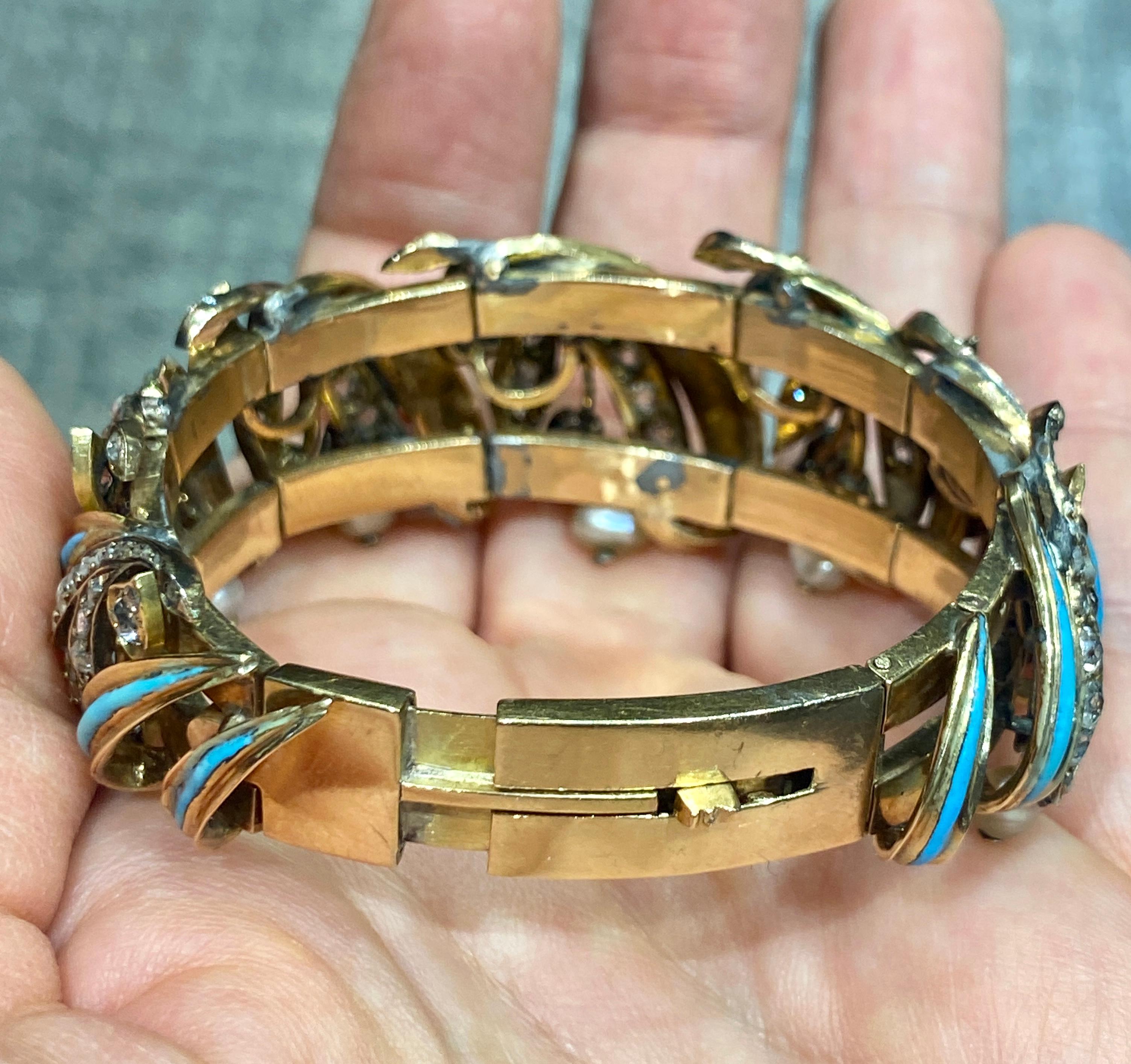 Bracelet européen en or 18 carats, turquoise, diamants taille ancienne et perles naturelles, 1820 Bon état - En vente à London, GB