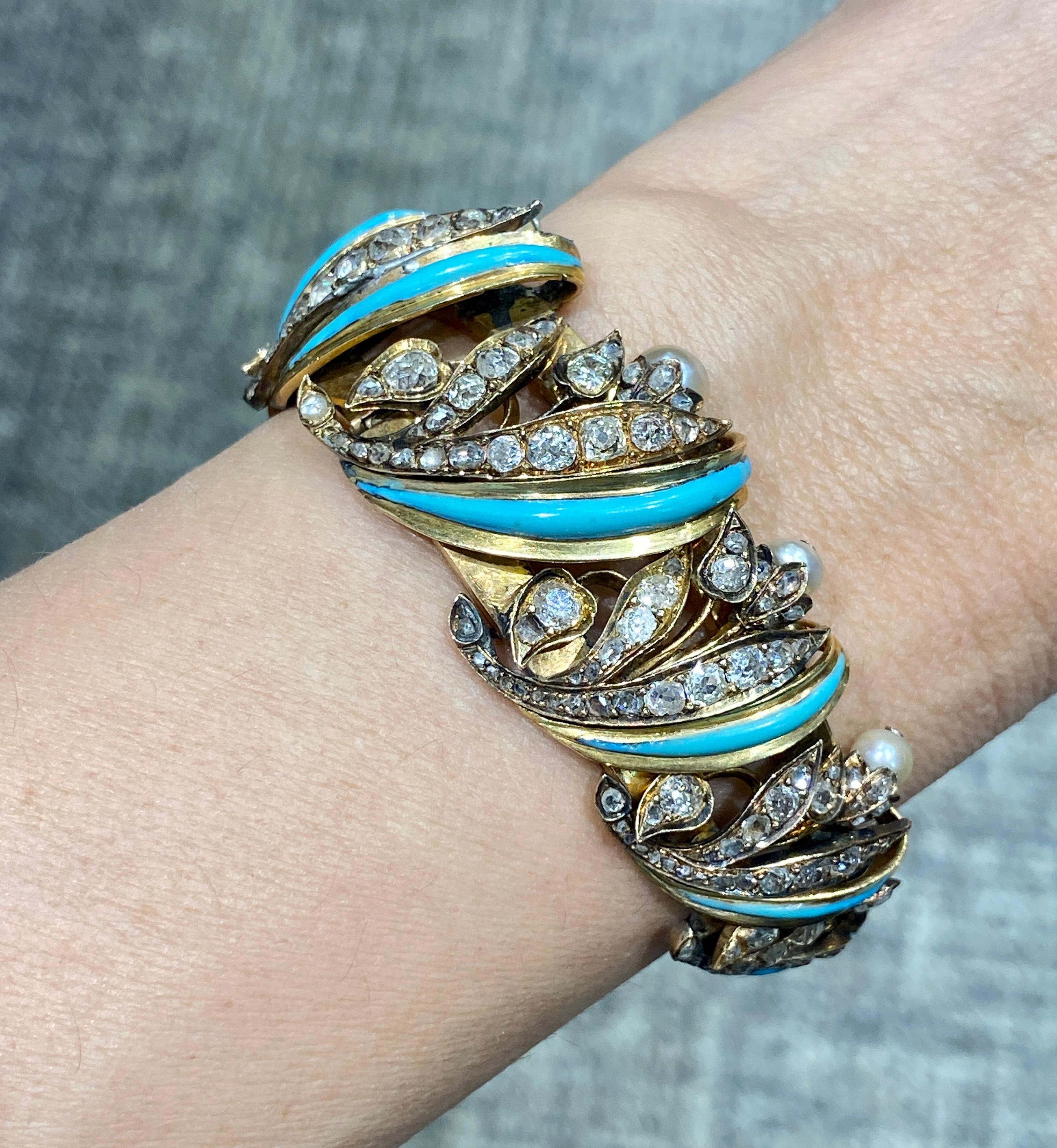 Women's or Men's 1820 European 18k gold, turquoise, old mine cut diamond & natural pearl bracelet For Sale