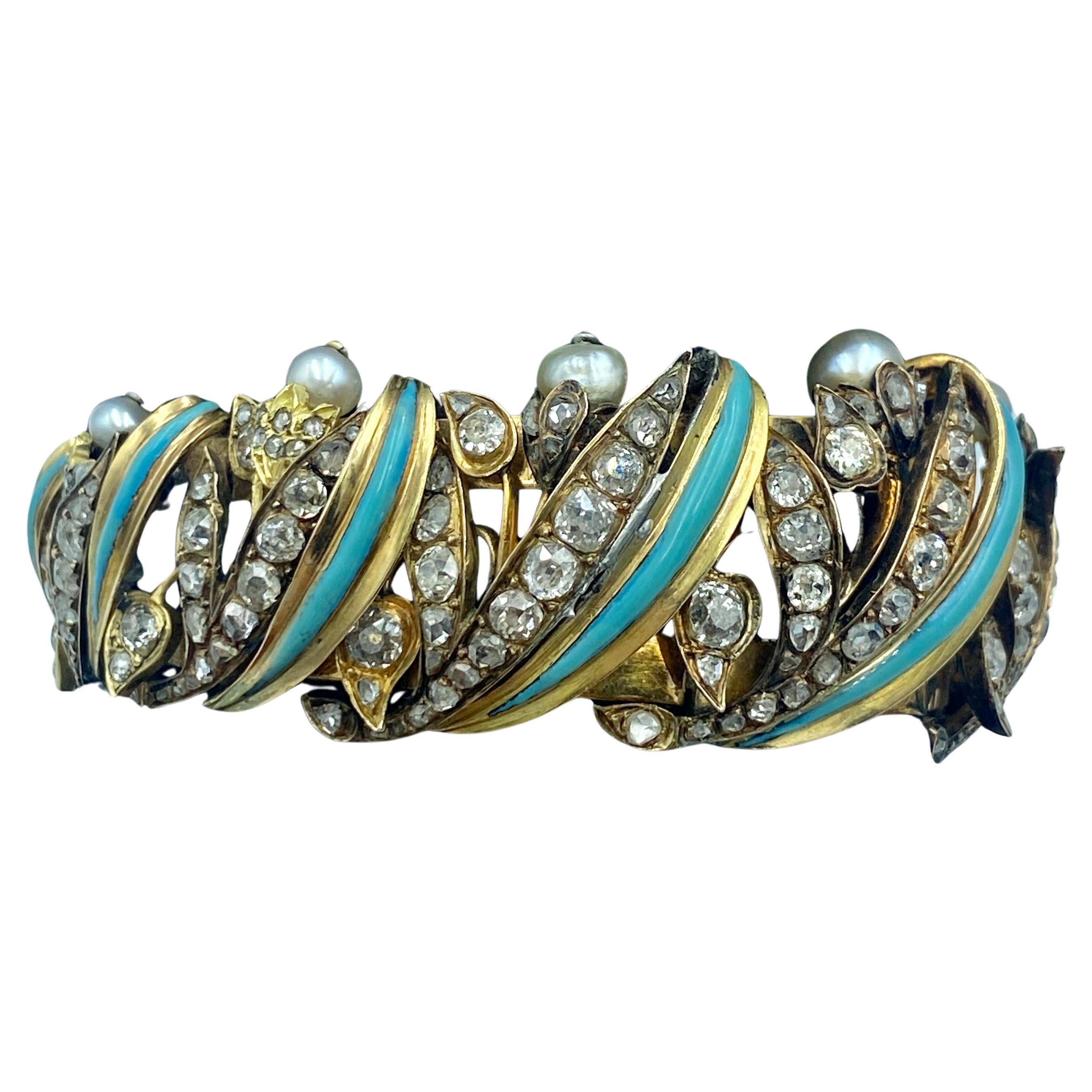 1820 European 18k gold, turquoise, old mine cut diamond & natural pearl bracelet