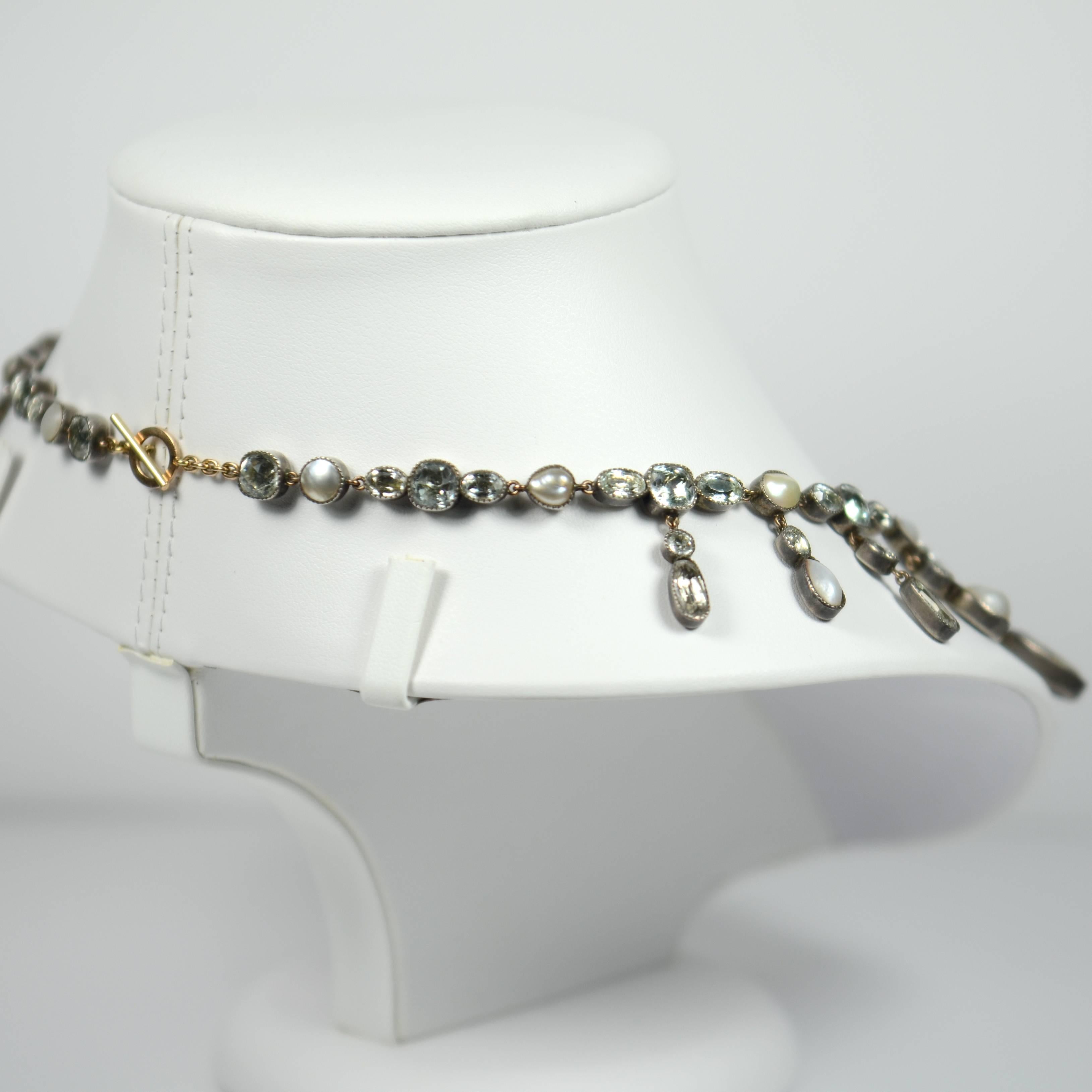Women's 1820 Georgian Blue Aquamarine White Pearl Silver Fringe Riviere Pendant Necklace For Sale