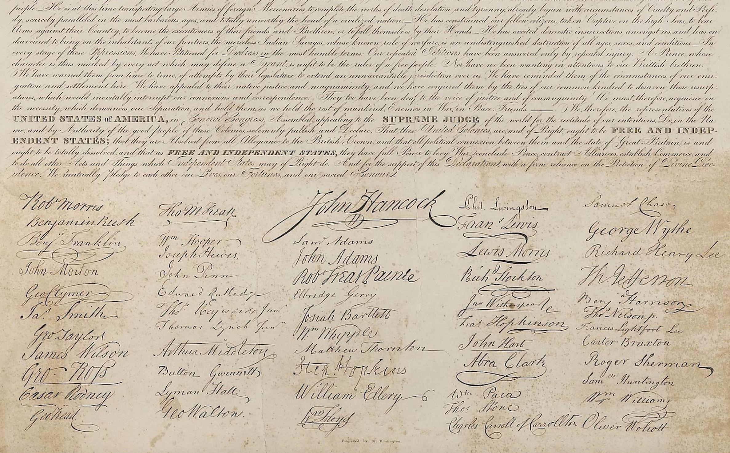 American 1820 Original Eleazar Huntington Engraved Declaration of Independence Broadside