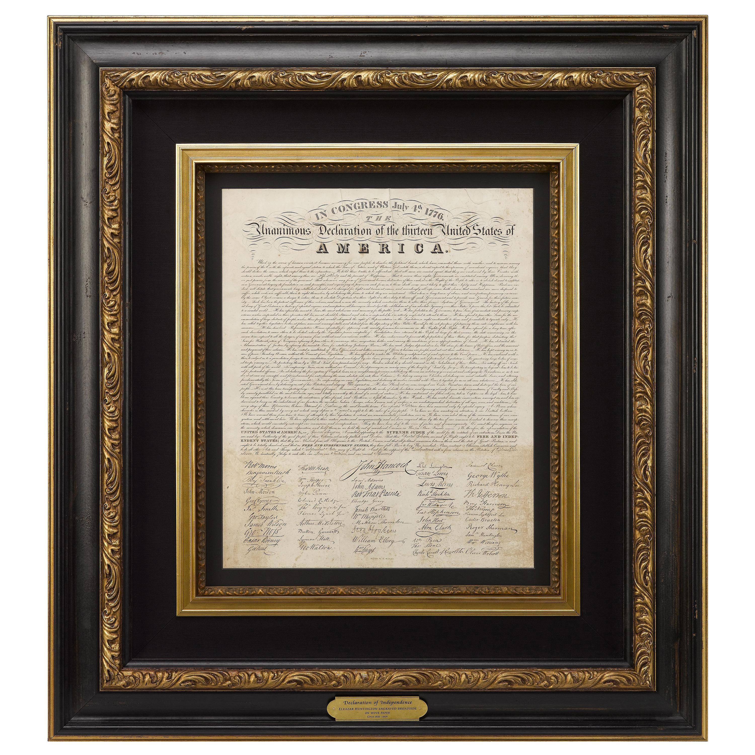 1820 Original Eleazar Huntington Engraved Declaration of Independence Broadside