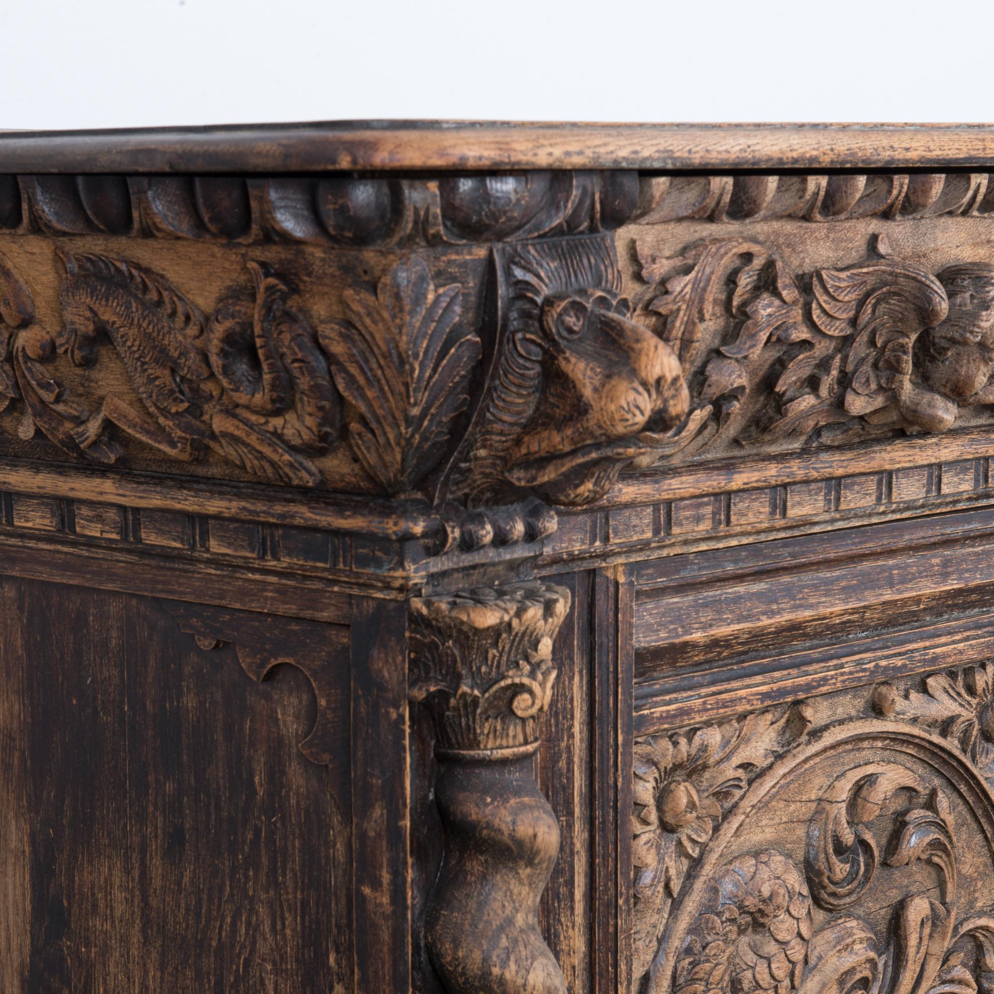 Oak 1820 Ornate Flemish Buffet Cabinet