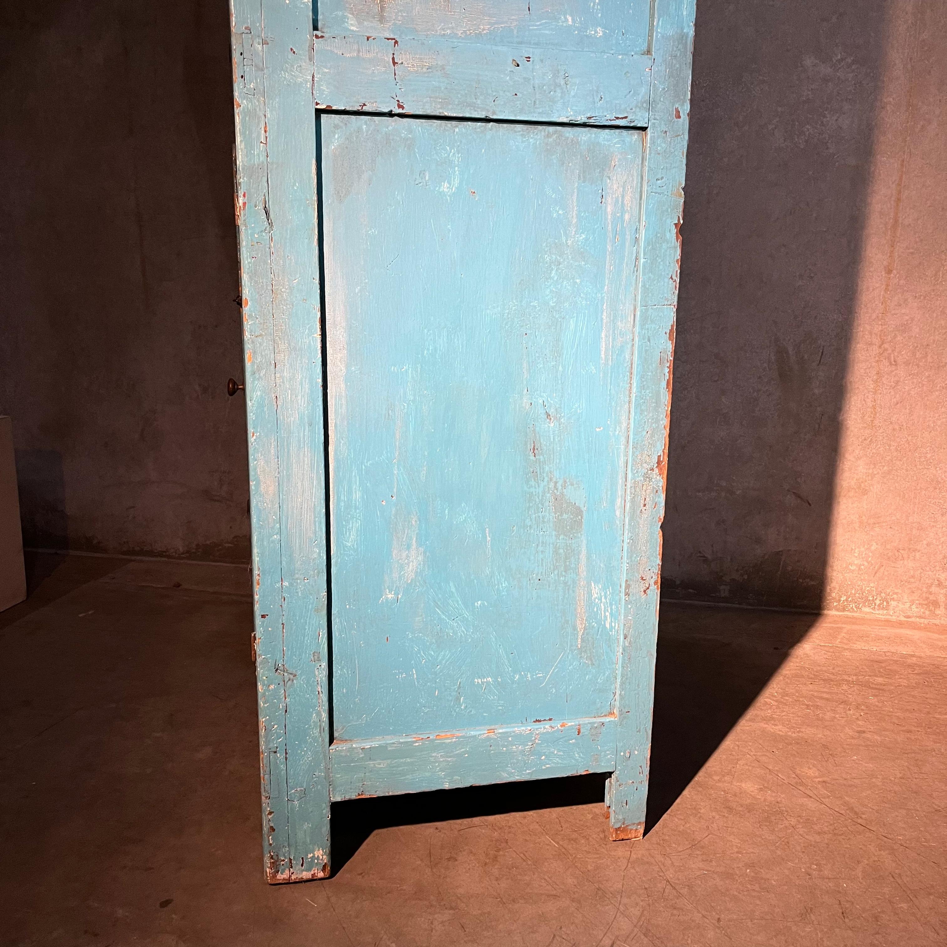Hand-Crafted 1820 Pine Country Cupboard in Original Blue Paint