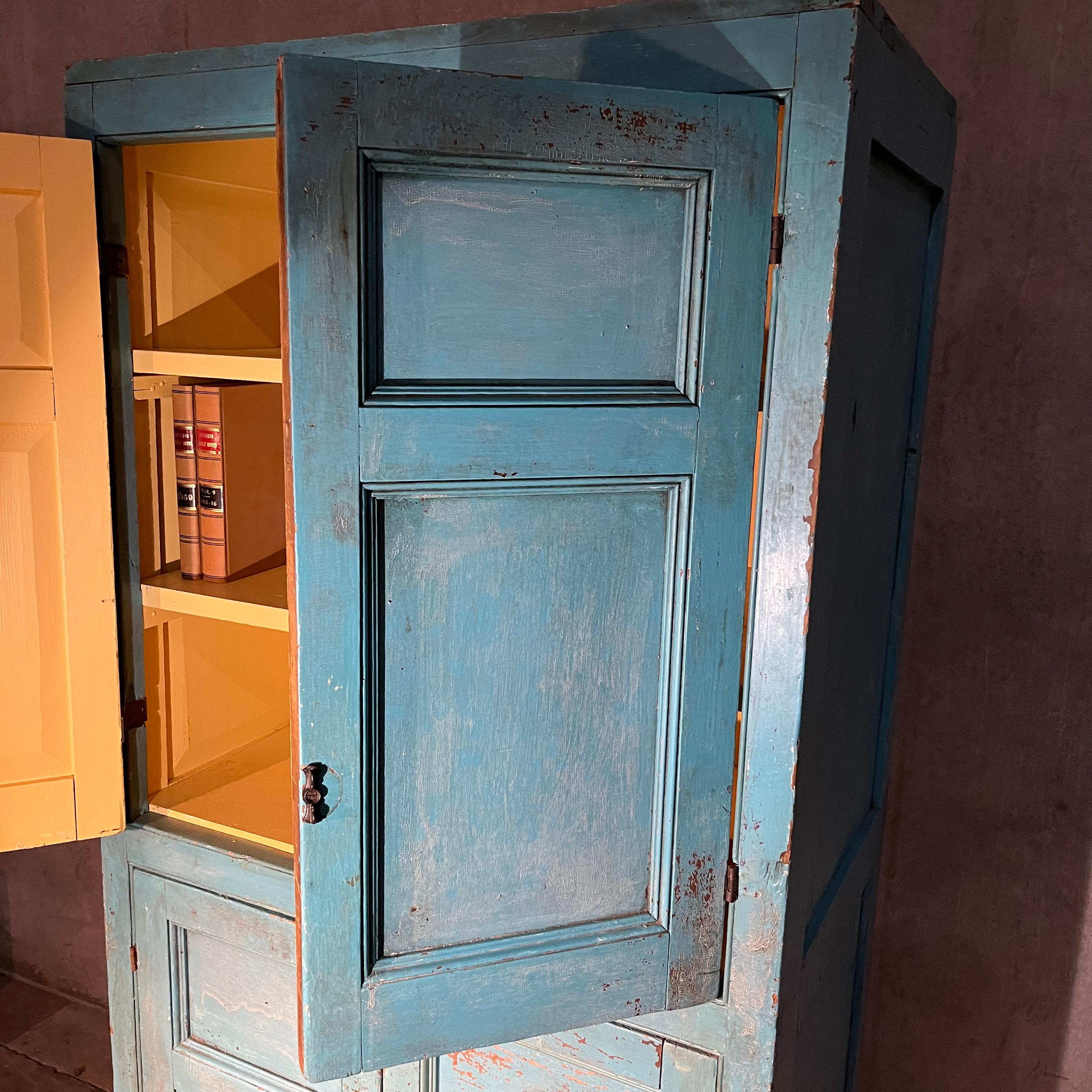1820 Pine Country Cupboard in Original Blue Paint 2