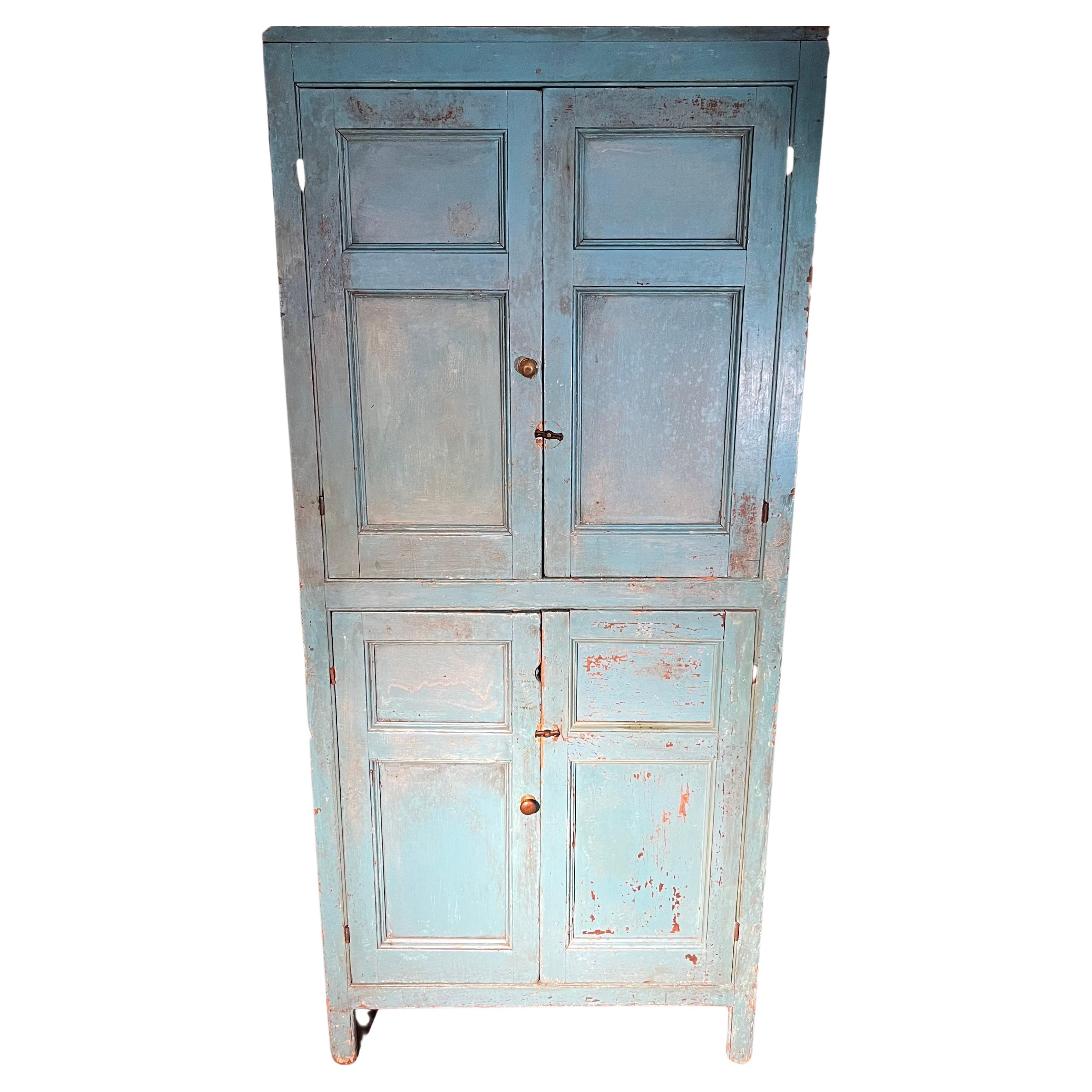 1820 Pine Country Cupboard in Original Blue Paint
