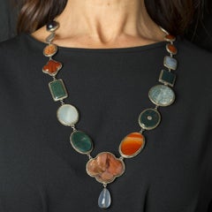 1820s 925 Silver Necklace with Agate and Semiprecious Stones