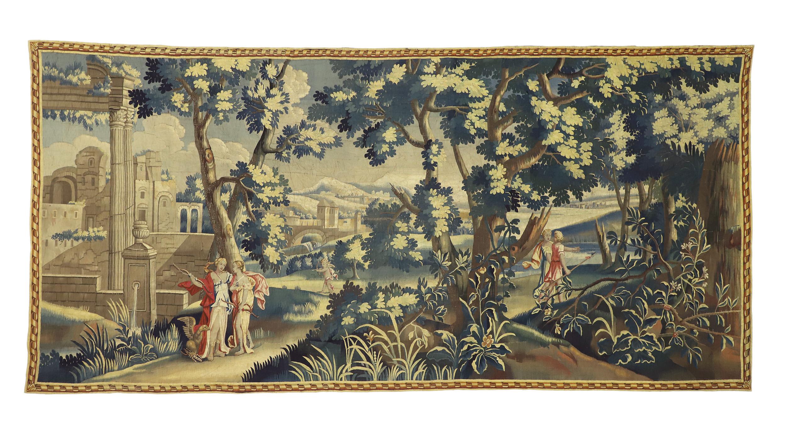 Wool 1820's Antique French Aubusson Tapestry with Venus and Adonis, 07'00 x 14'06 For Sale