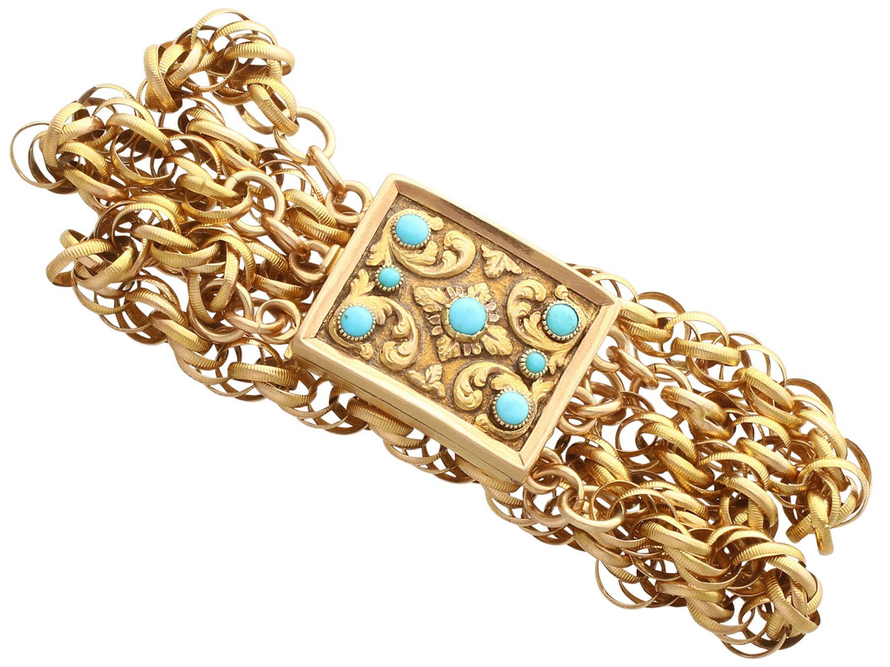 A stunning antique George IV turquoise and 18 karat yellow gold bracelet with a mourning locket clasp; part of our diverse antique jewelry and estate jewelry collections.

This stunning, fine and impressive mourning bracelet has been crafted in 18k