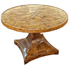 1820s Biedermeier Brass Mounted Carelian Birch and Marquetry Center Table
