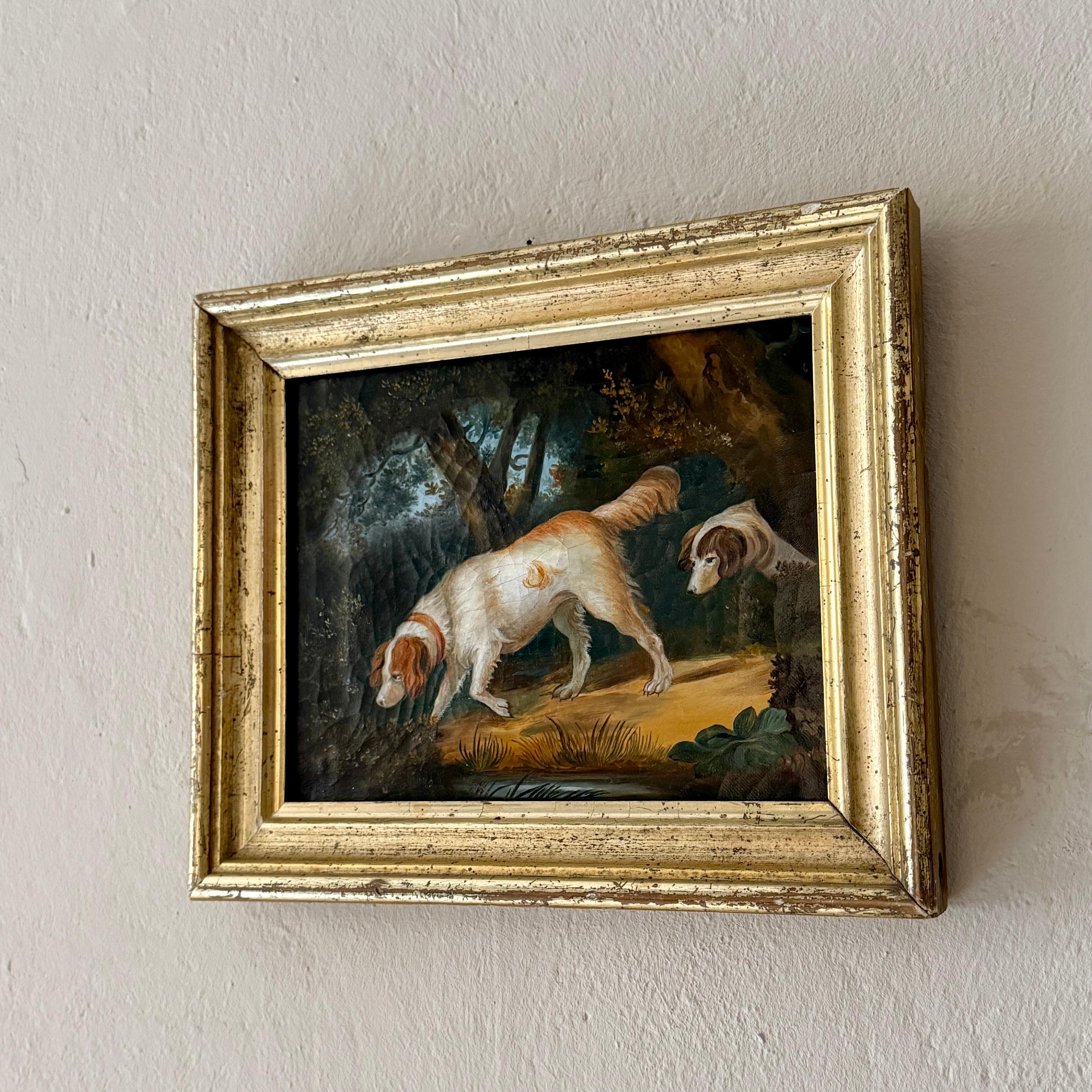 Peinture à l'huile Biedermeier des années 1820 représentant une scène de chasse avec deux chiens dans un paysage Bon état - En vente à Berlin, DE