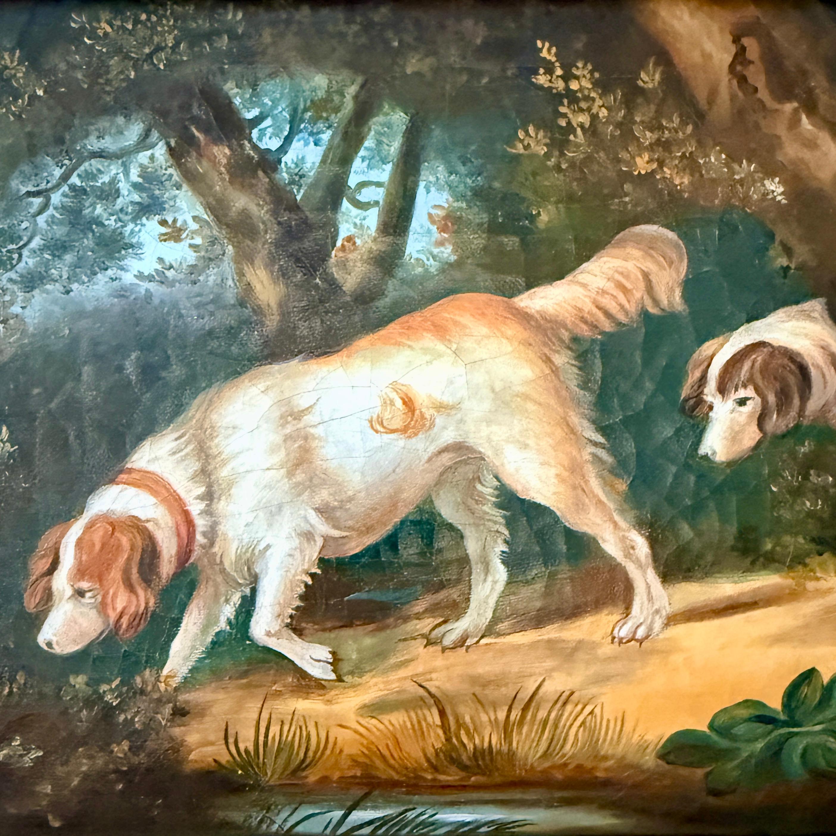 Toile Peinture à l'huile Biedermeier des années 1820 représentant une scène de chasse avec deux chiens dans un paysage en vente
