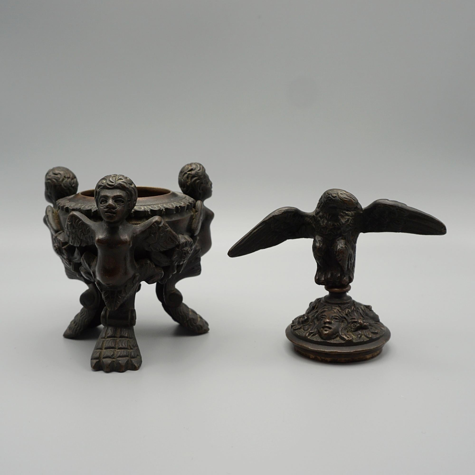 French 1820's Bronze Inkwell with an Eagle Standing Atop  For Sale