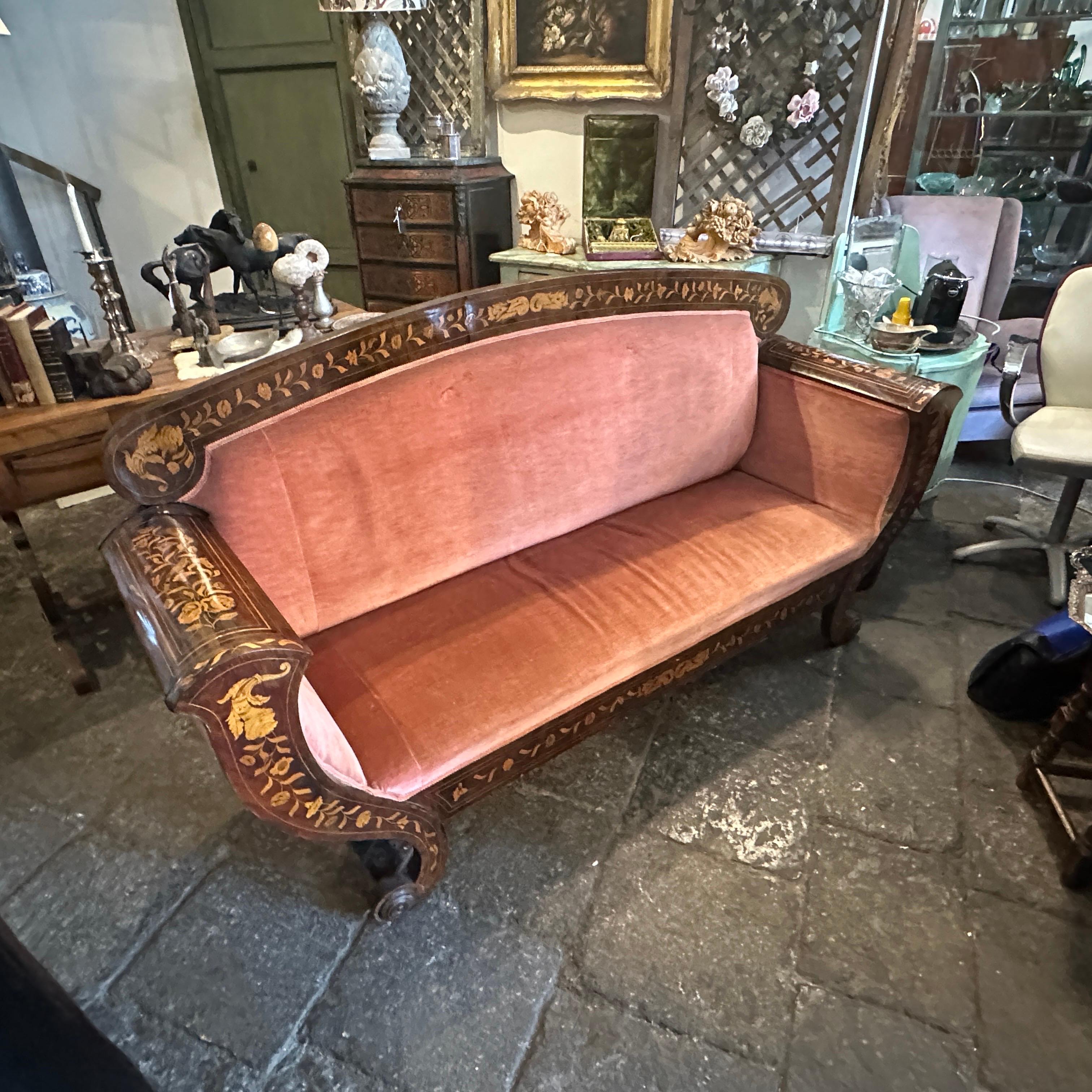 Hand-Carved 1820s Charles X Enlayed Wood and Pink Velvet Sicilian Sofa