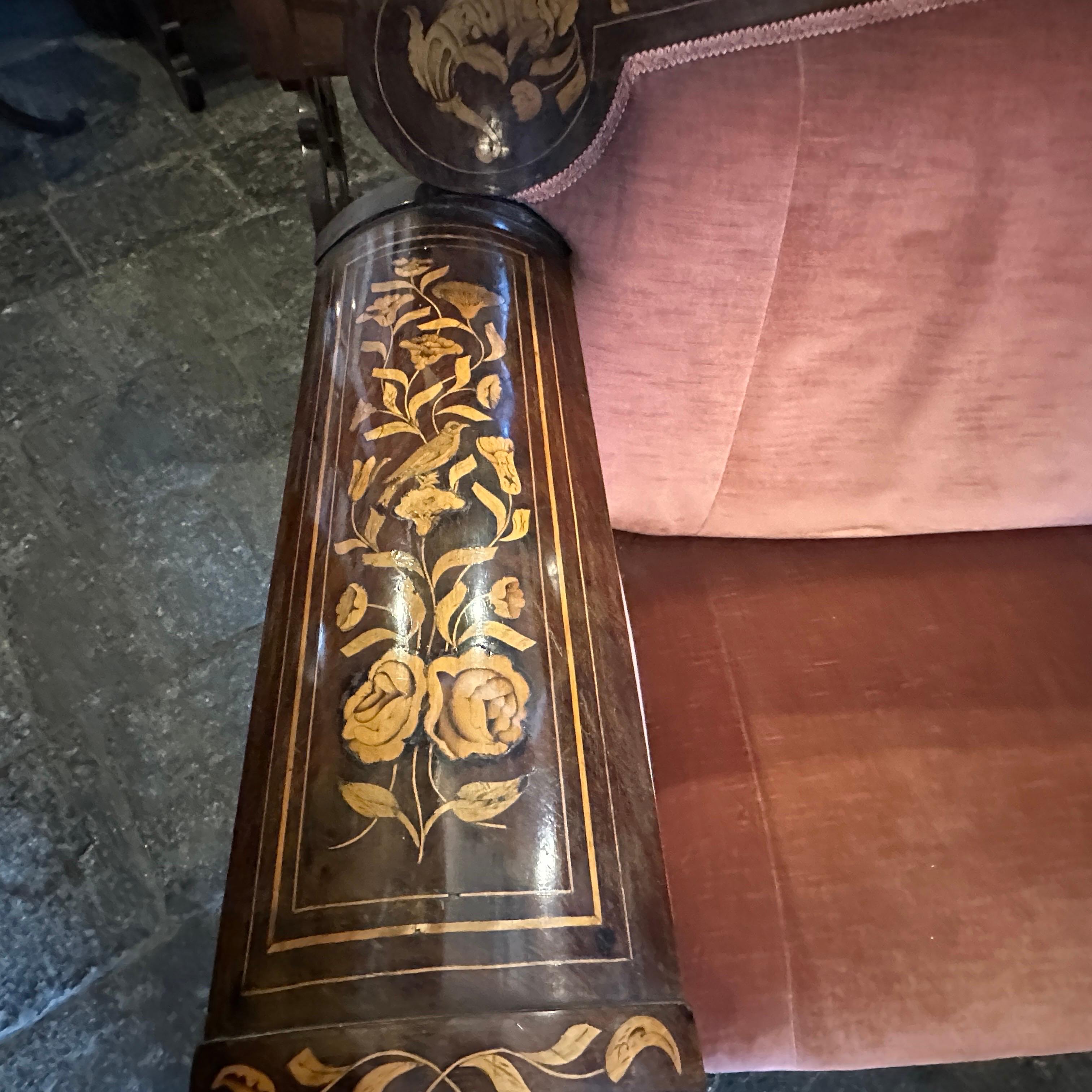19th Century 1820s Charles X Enlayed Wood and Pink Velvet Sicilian Sofa