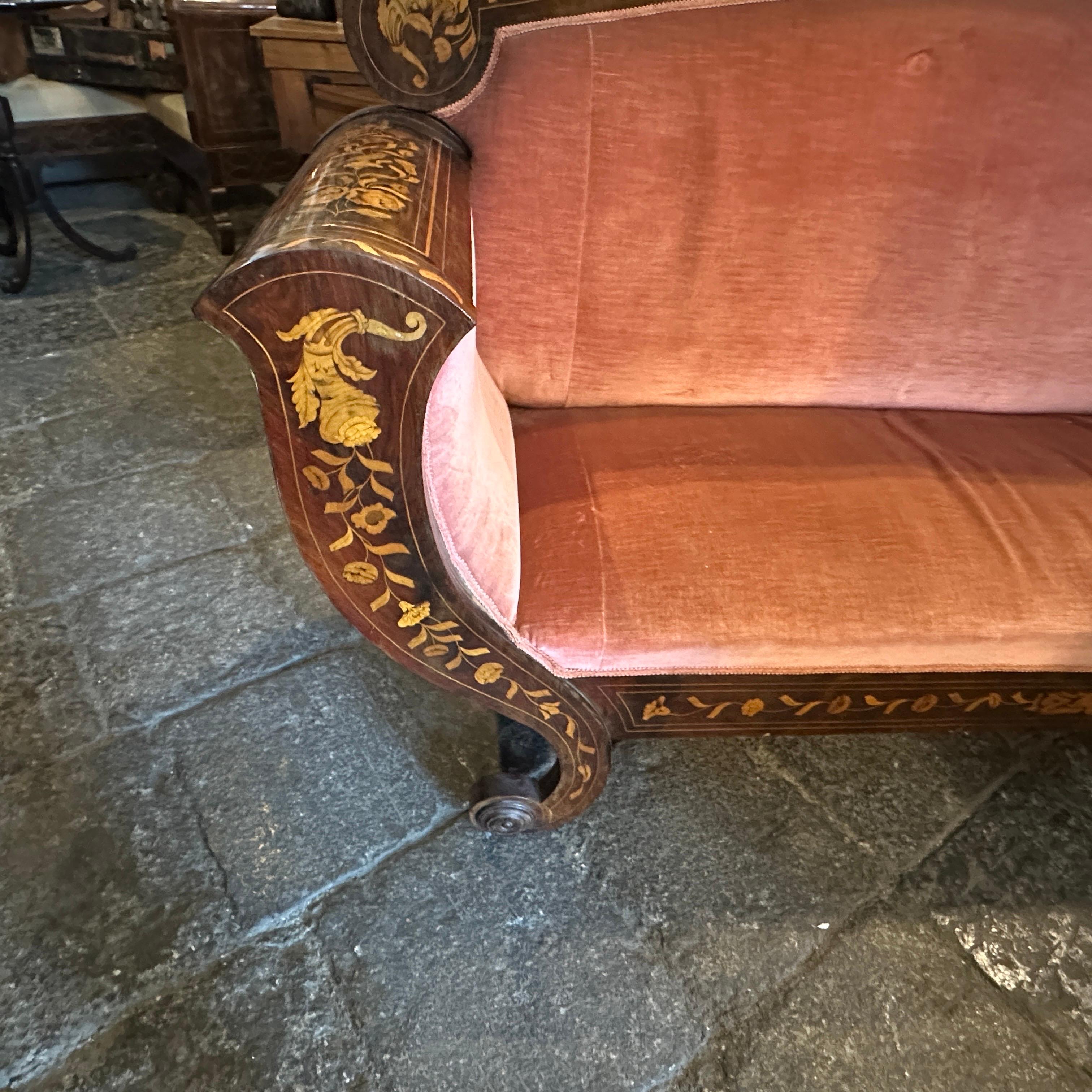 Fruitwood 1820s Charles X Enlayed Wood and Pink Velvet Sicilian Sofa