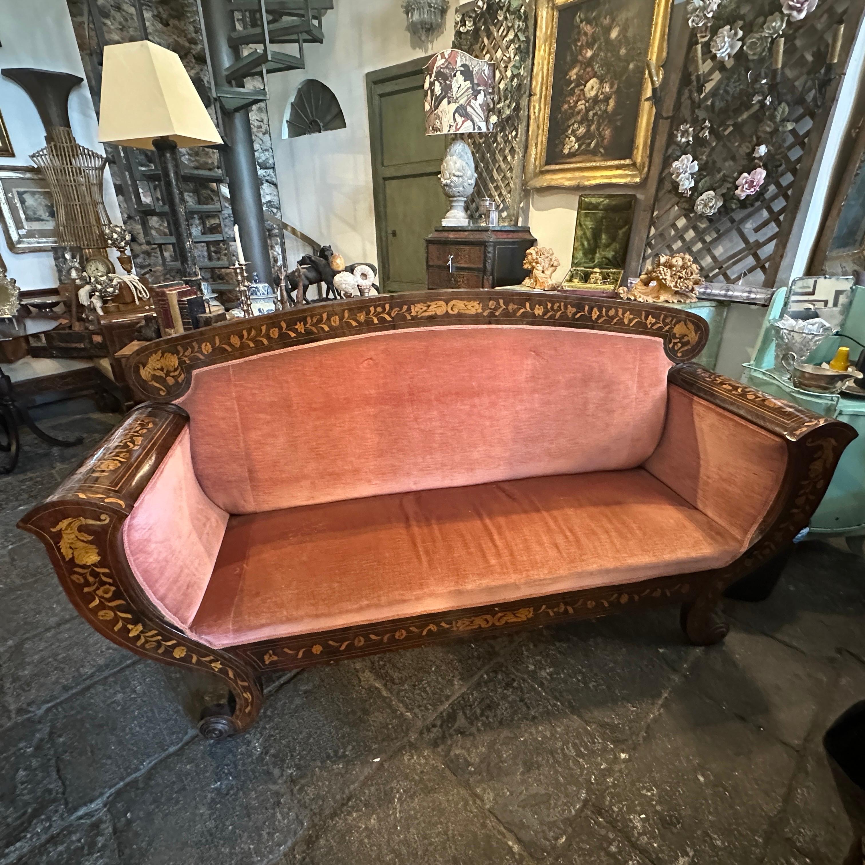 1820s Charles X Enlayed Wood and Pink Velvet Sicilian Sofa 1