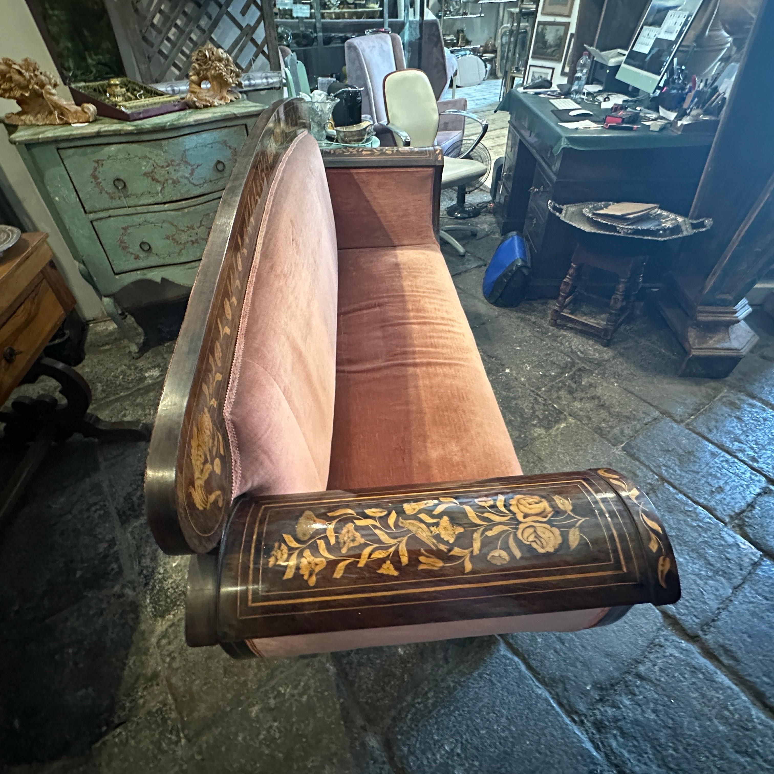 1820s Charles X Enlayed Wood and Pink Velvet Sicilian Sofa 2