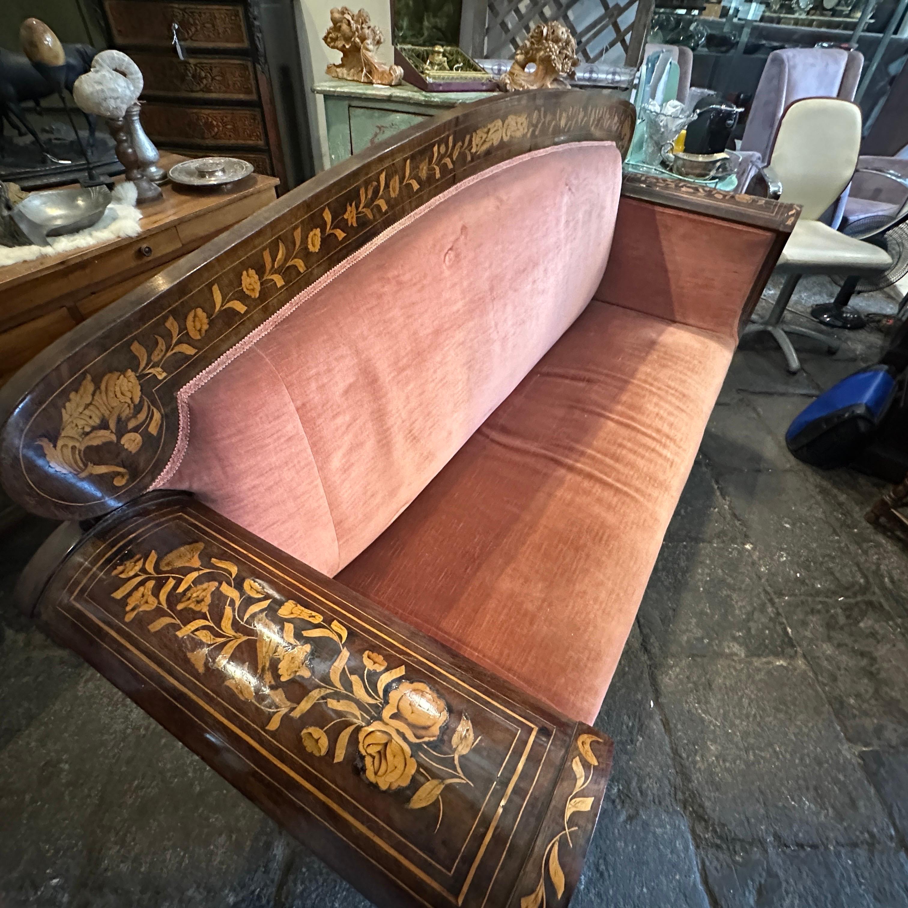 1820s Charles X Enlayed Wood and Pink Velvet Sicilian Sofa 4