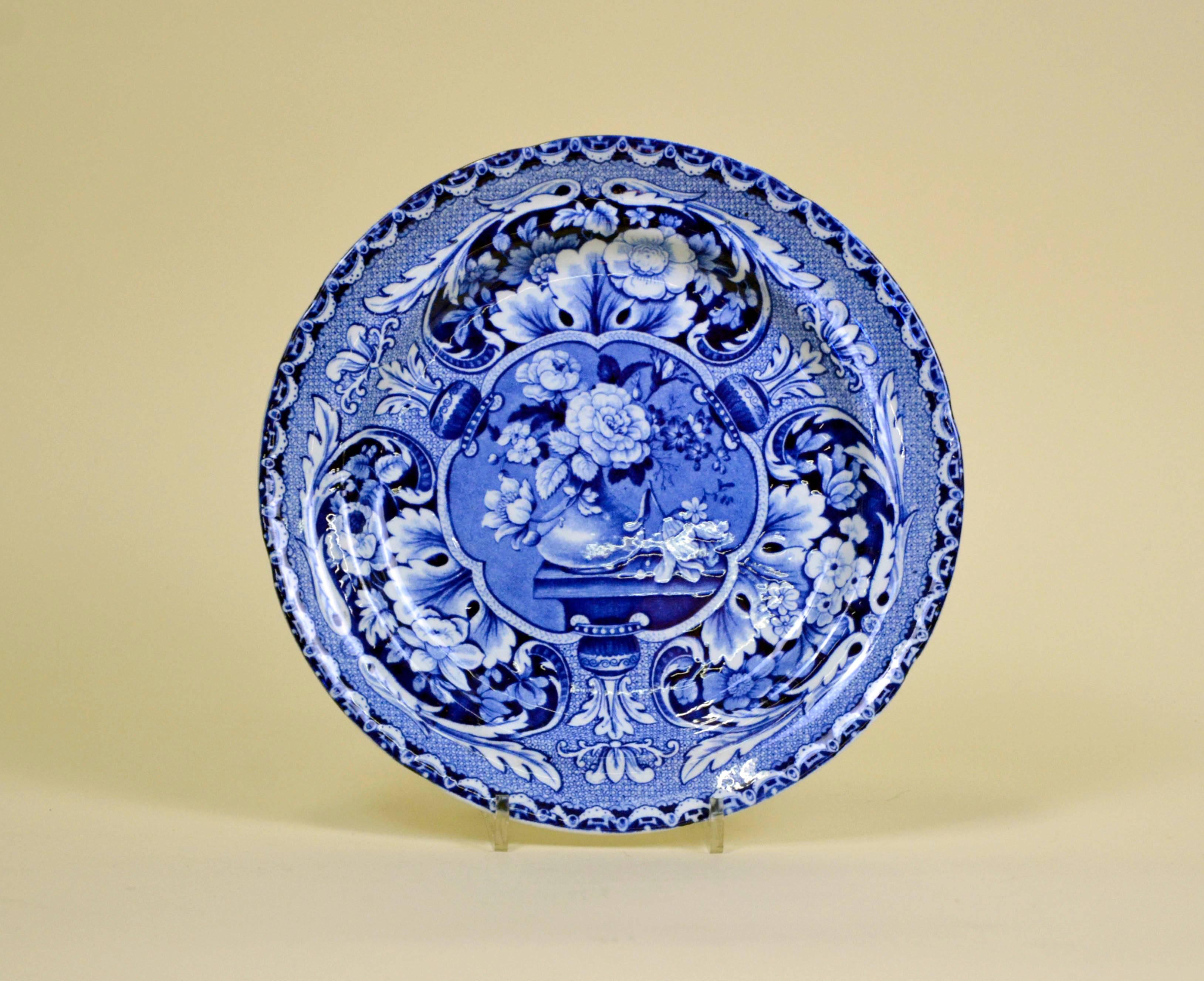 1820s English Dark Blue & White John Davenport Earthenware Floral Dessert Plate 1