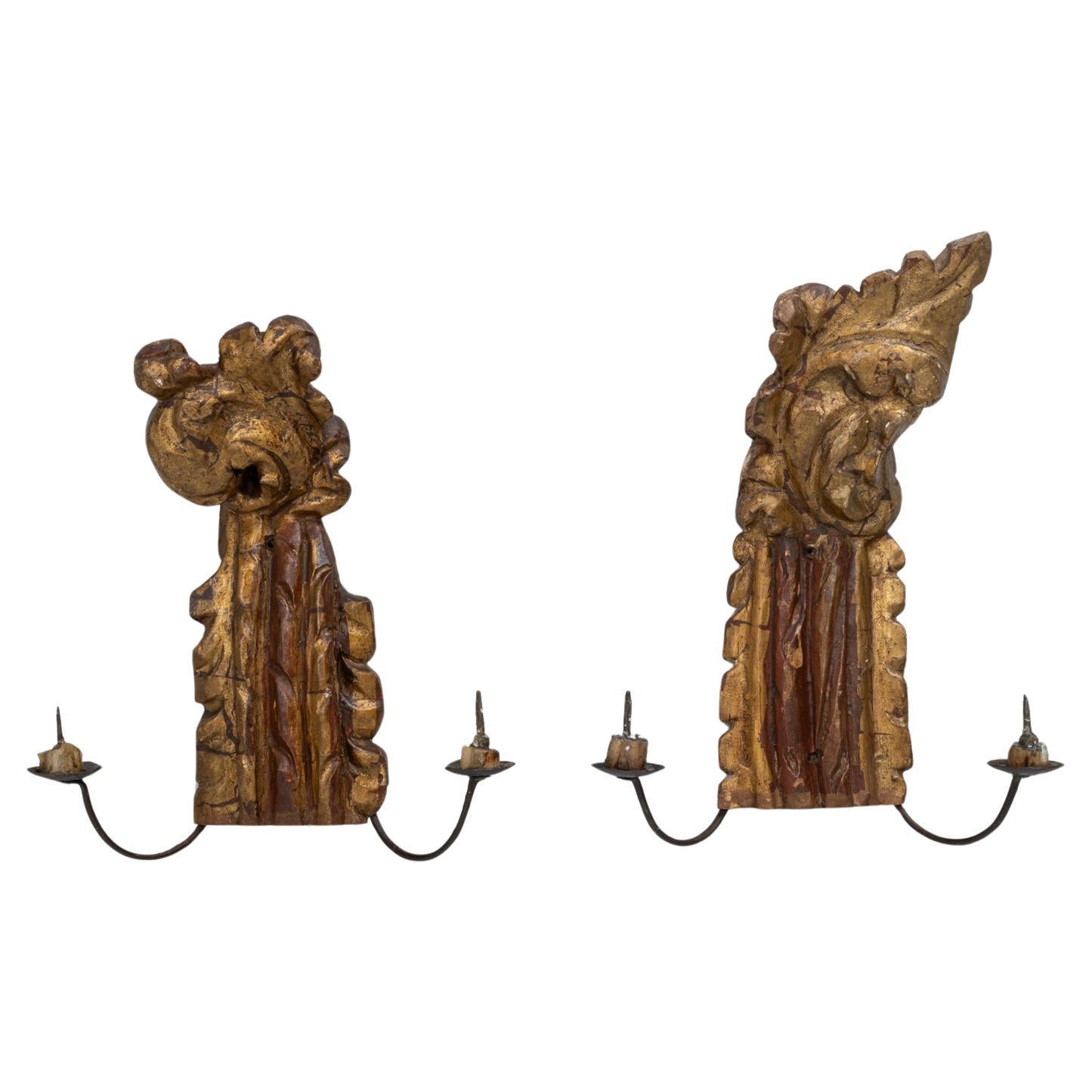 1820s French Pair of Italian Baroque Giltwood Fragment Sconces For Sale