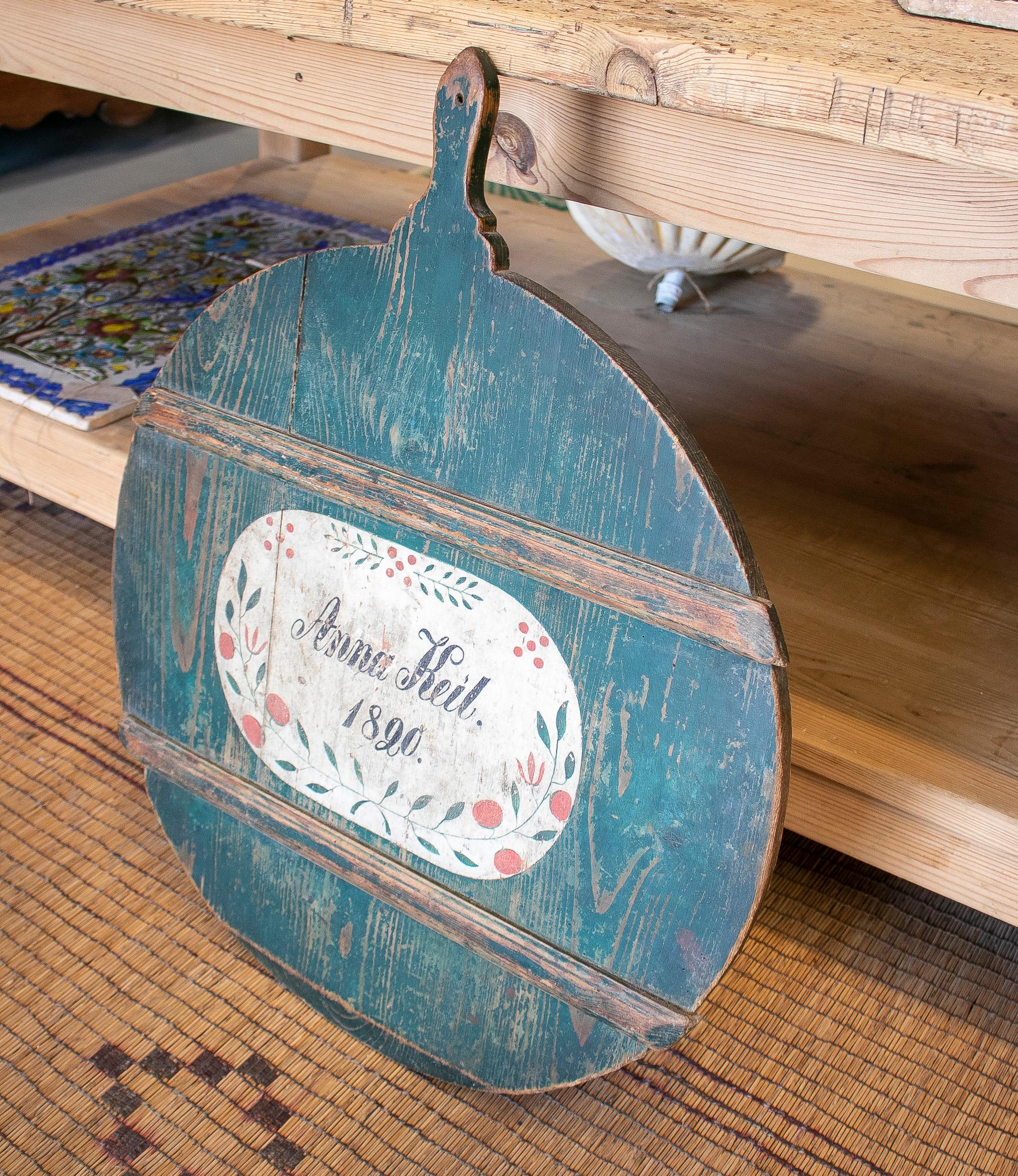 Antique 1820s German hand painted wooden cheese tray named and dated.