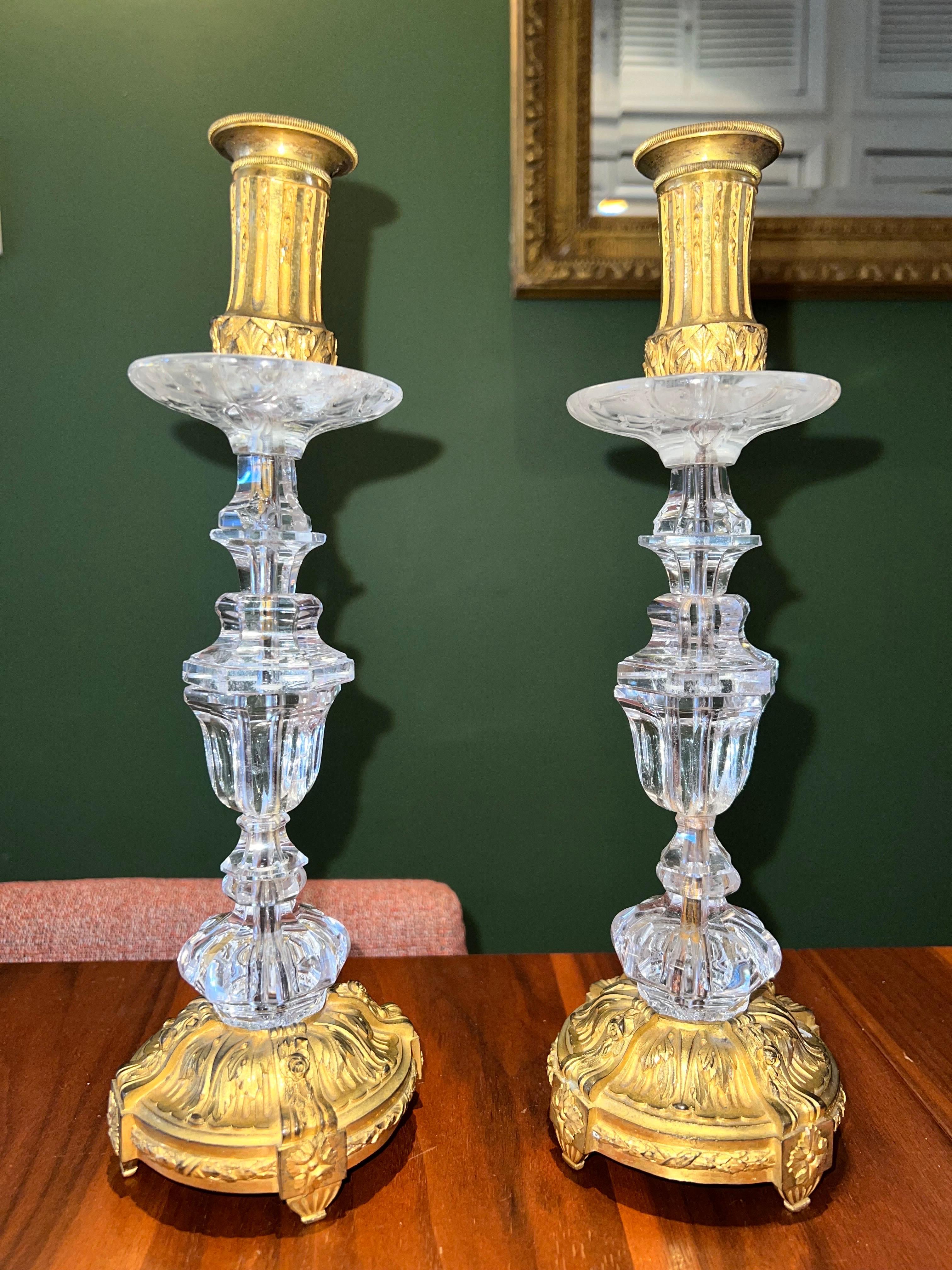 French 1820s Goldleaf Rock Crystal Candlesticks, Set of 2