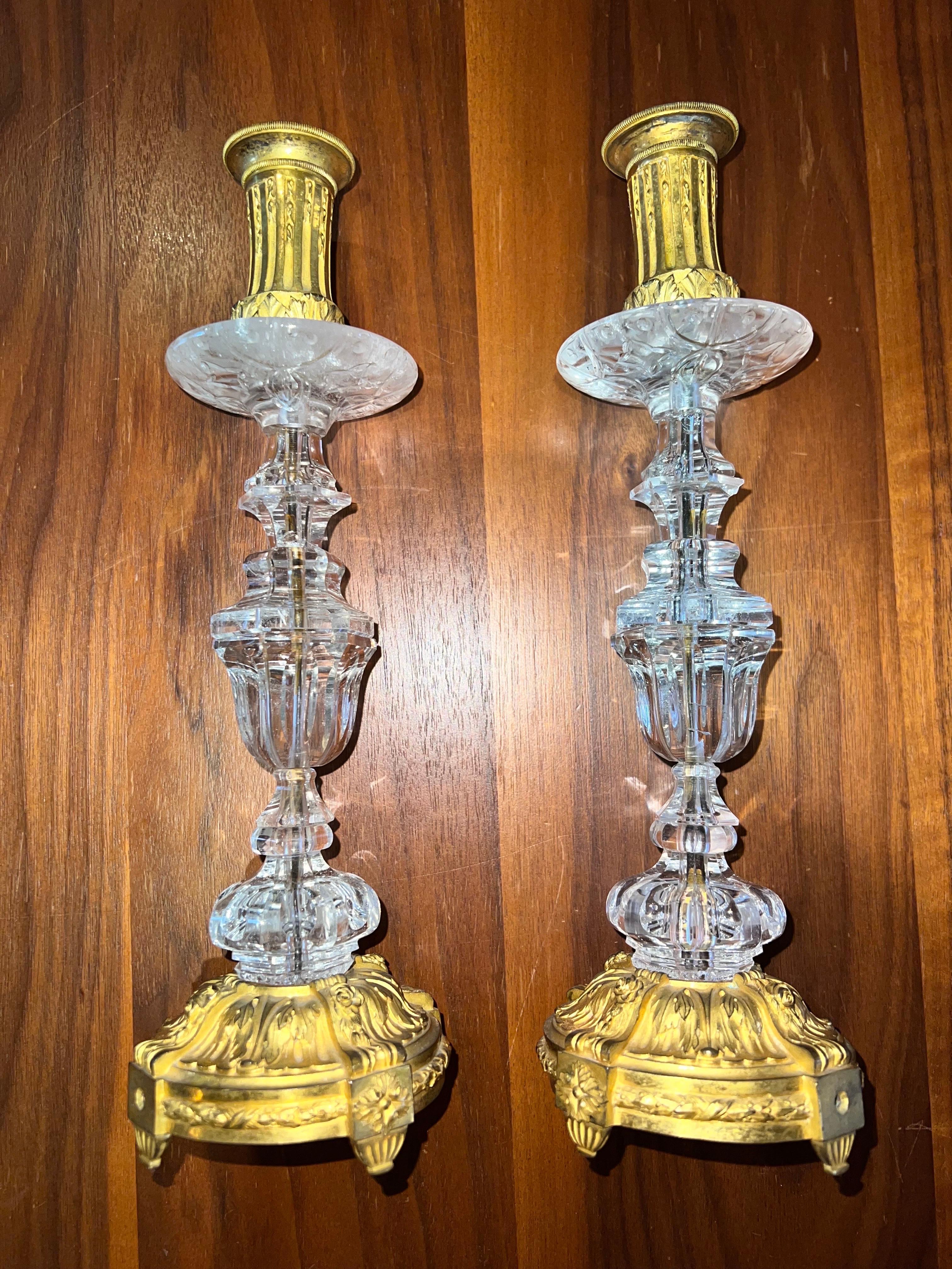 19th Century 1820s Goldleaf Rock Crystal Candlesticks, Set of 2