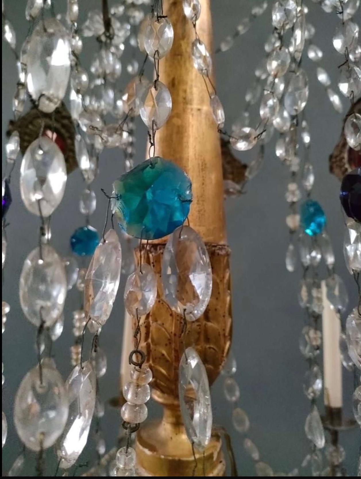 1820s Italian Genoese six arm gilt chandelier with glass lustres, drops & beads For Sale 3