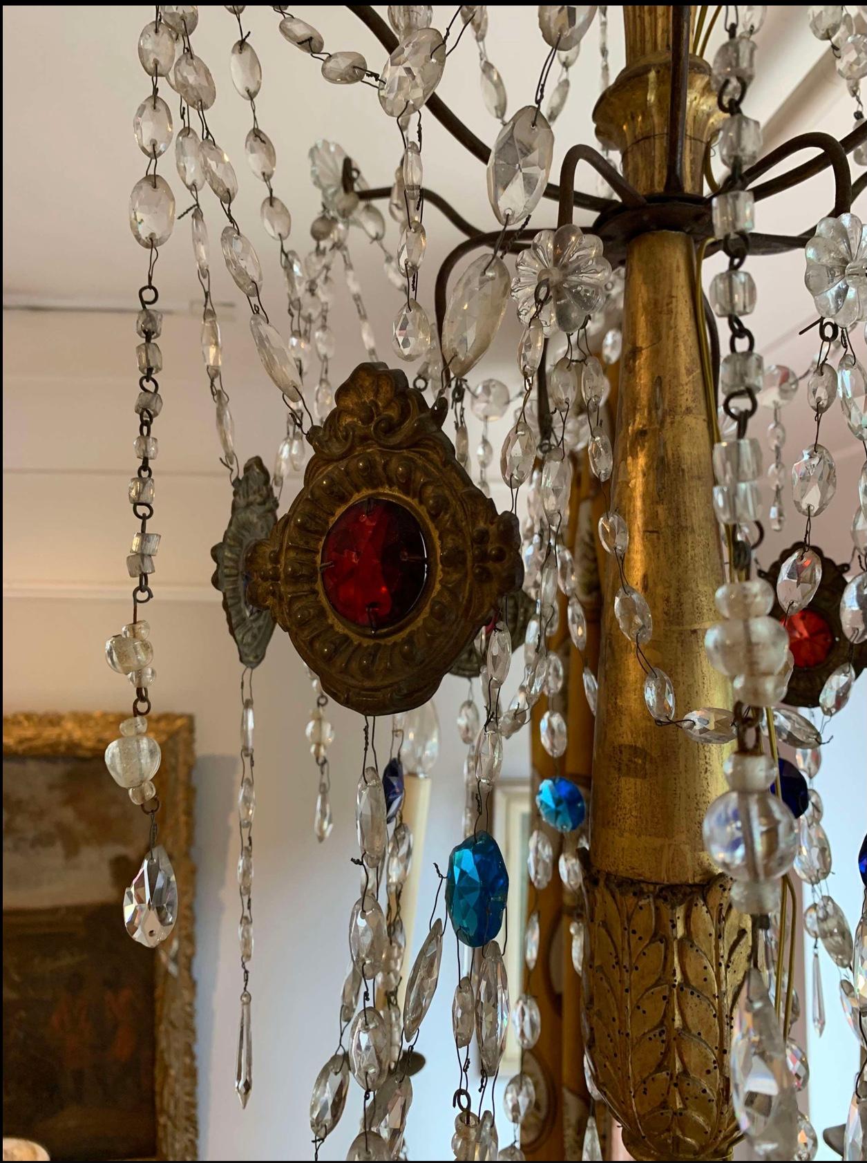 1820s Italian Genoese six arm gilt chandelier with glass lustres, drops & beads For Sale 6