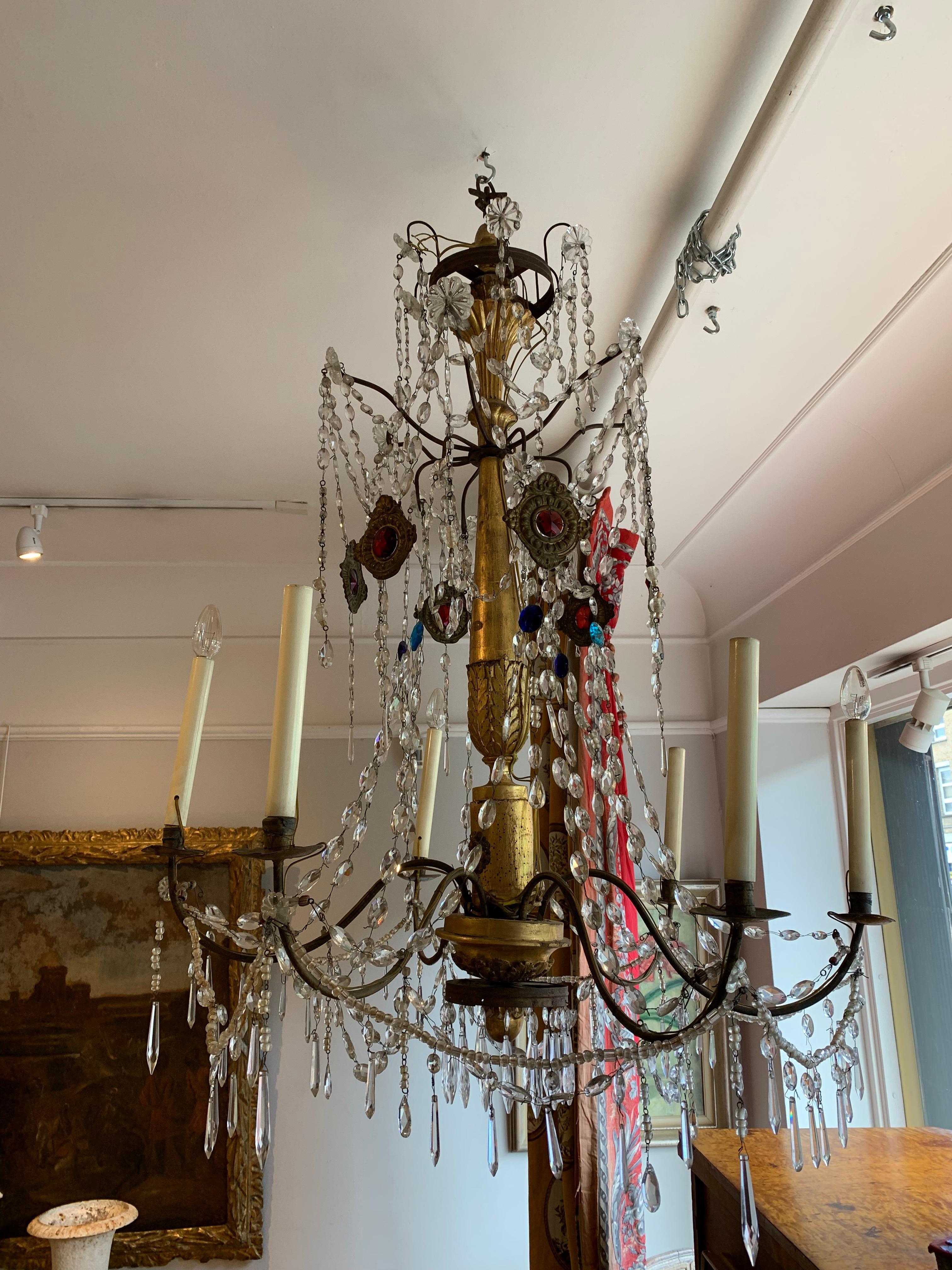1820s Italian Genoese Six Arm Gilt Chandelier with Glass Lustres, Drops & Beads 9