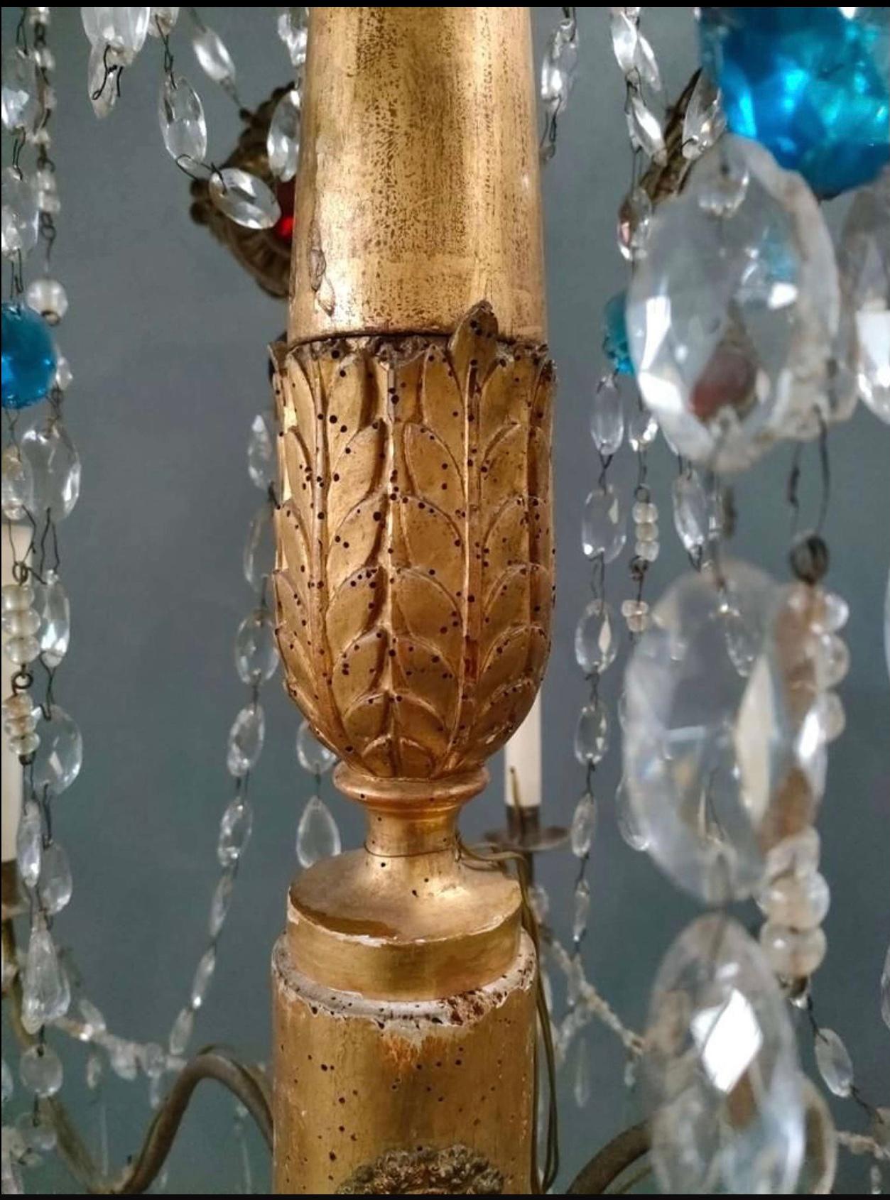 Restauration 1820s Italian Genoese six arm gilt chandelier with glass lustres, drops & beads For Sale