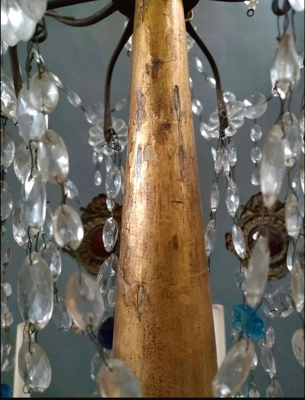 Gilt 1820s Italian Genoese six arm gilt chandelier with glass lustres, drops & beads For Sale