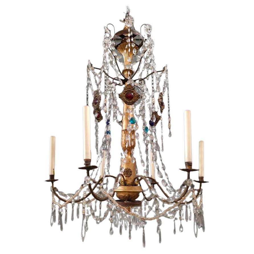 1820s Italian Genoese Six Arm Gilt Chandelier with Glass Lustres, Drops & Beads