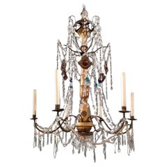 Antique 1820s Italian Genoese six arm gilt chandelier with glass lustres, drops & beads