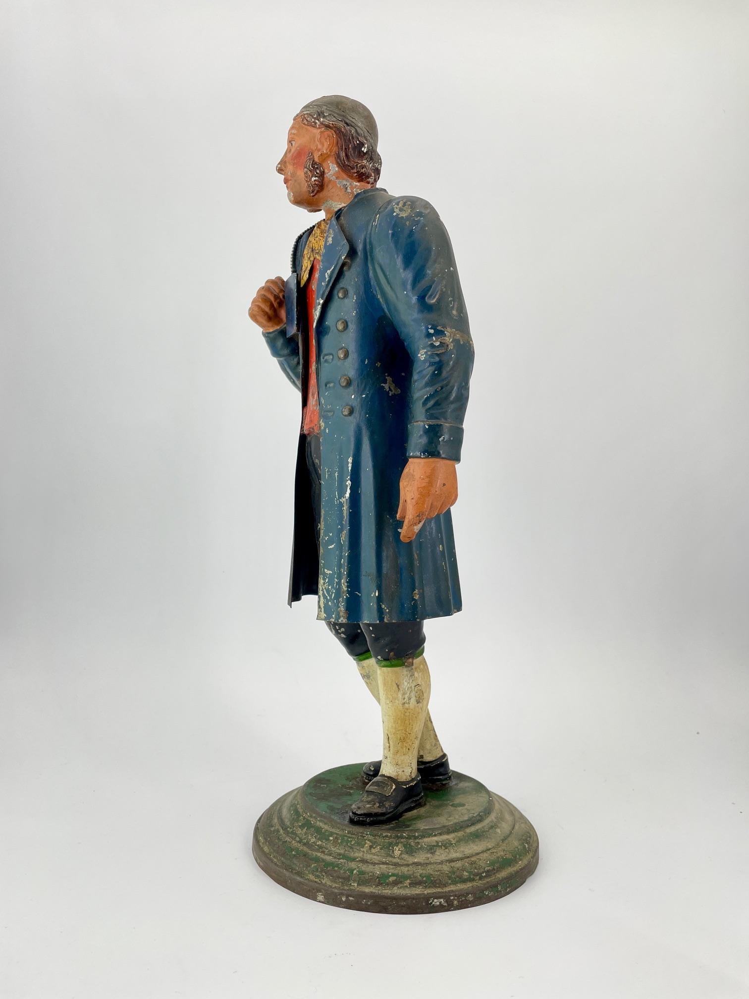 Early Victorian 1820s Tyrolean Tole Polychrome-Painted Tin Man Colonial Gentleman Figure For Sale