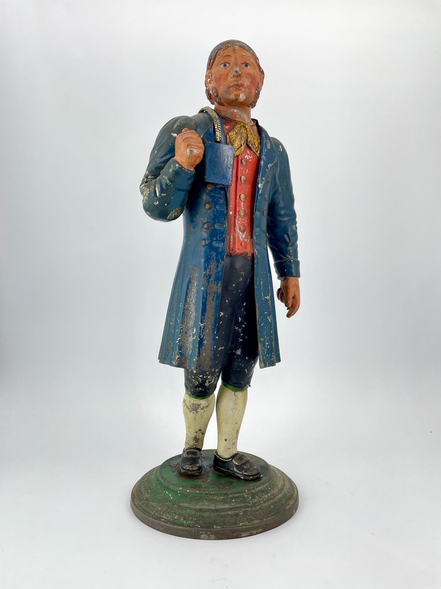 1820s Tyrolean Tole Polychrome-Painted Tin Man Colonial Gentleman Figure In Distressed Condition For Sale In Hyattsville, MD