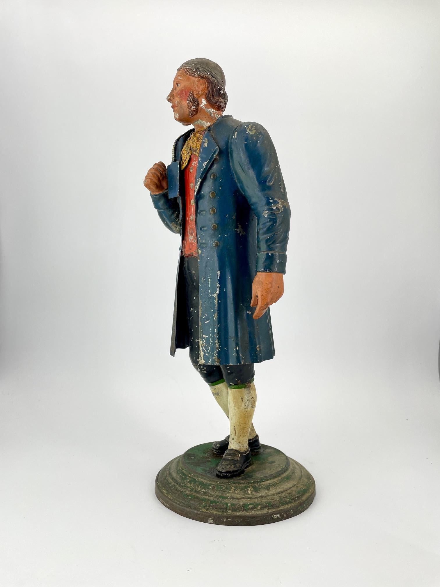 Mid-19th Century 1820s Tyrolean Tole Polychrome-Painted Tin Man Colonial Gentleman Figure For Sale