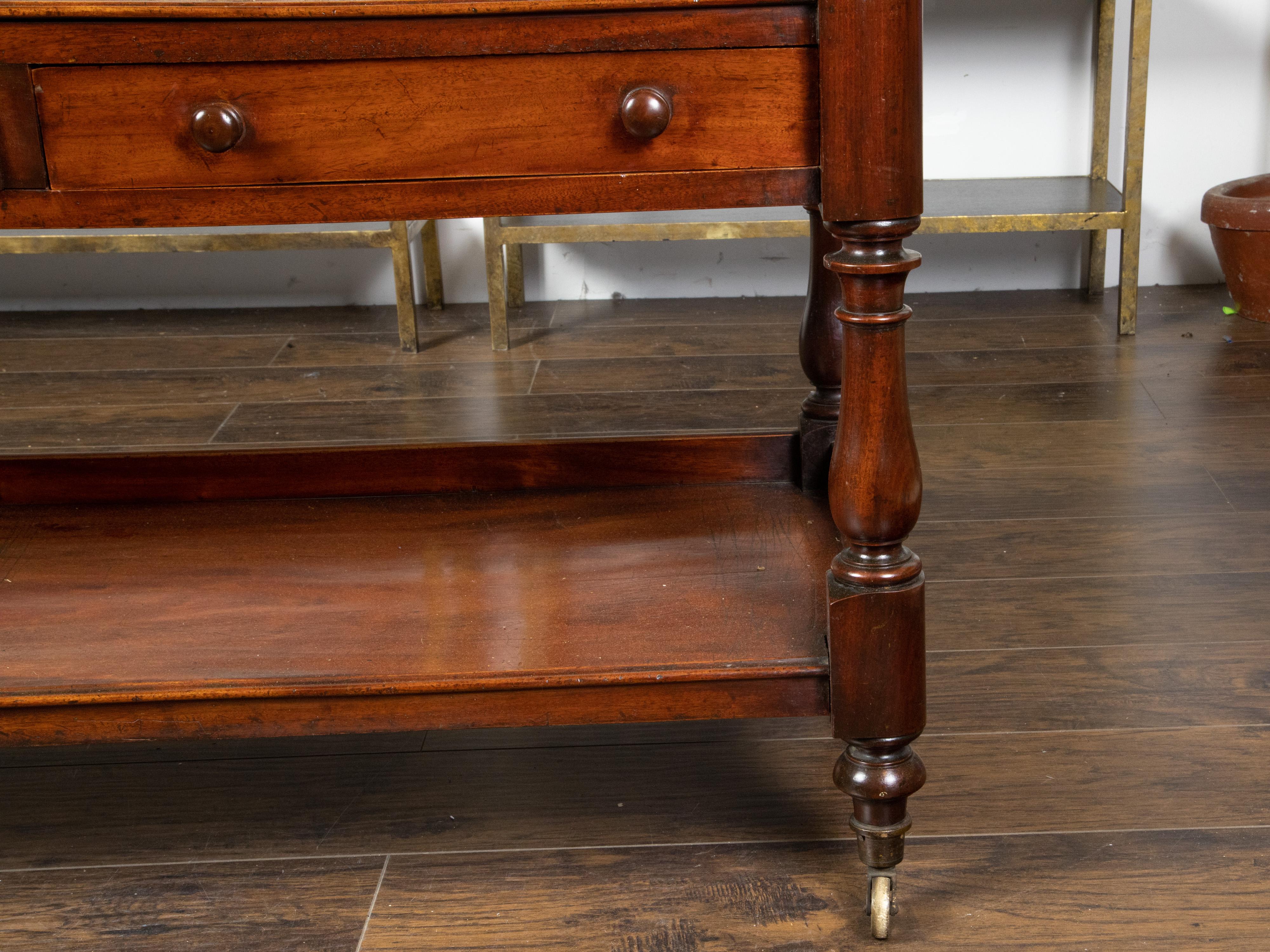 1820s Mahogany English Trolley on Casters with Open Shelves and Two Drawers For Sale 6