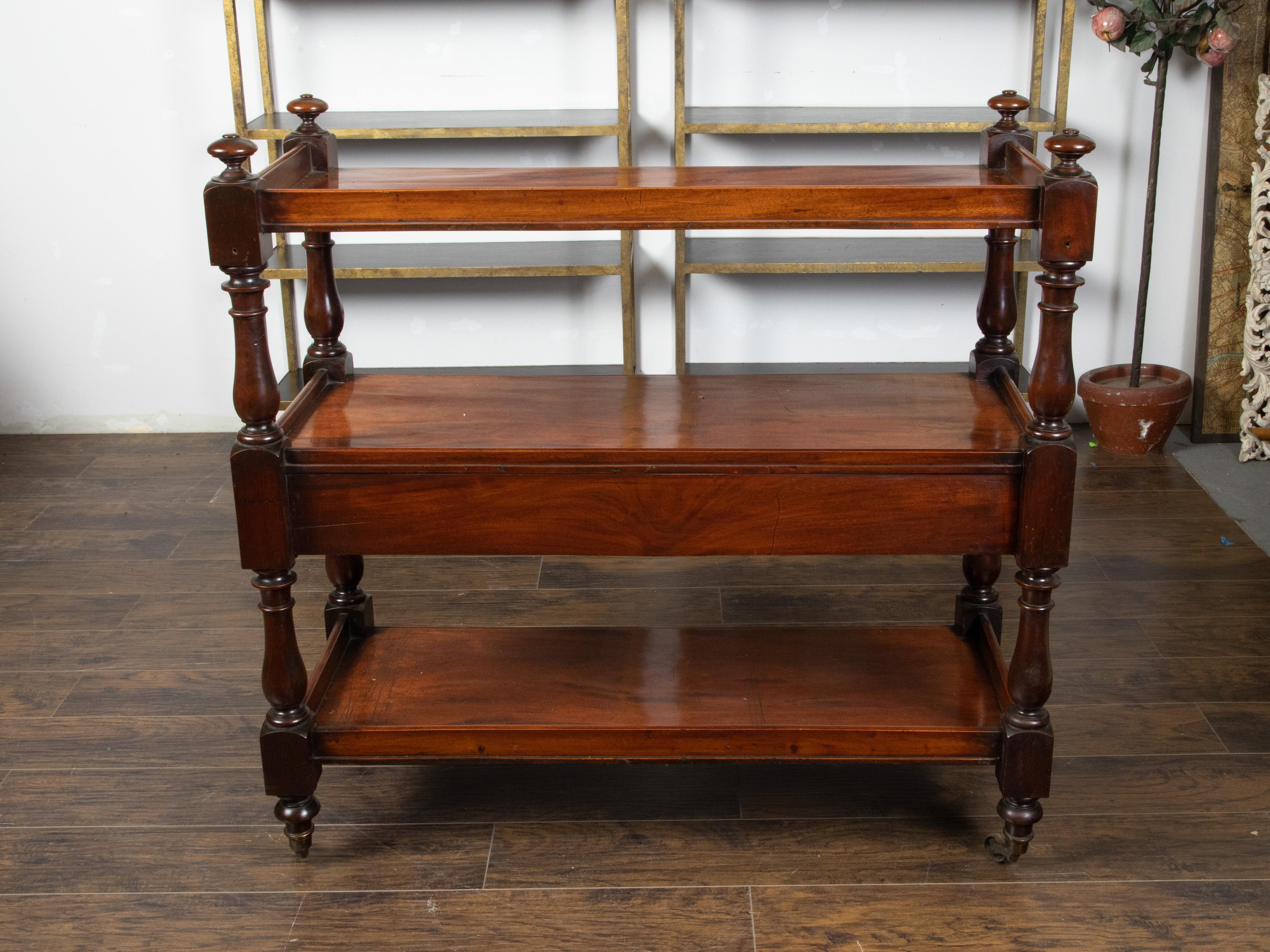 19th Century 1820s Mahogany English Trolley on Casters with Open Shelves and Two Drawers For Sale