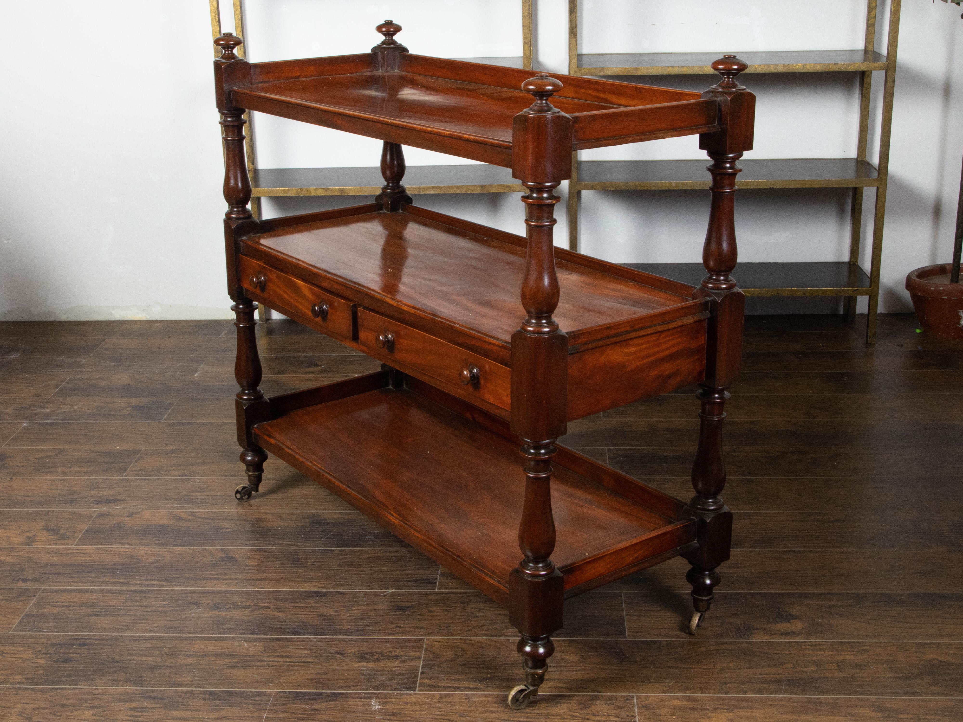 1820s Mahogany English Trolley on Casters with Open Shelves and Two Drawers For Sale 1