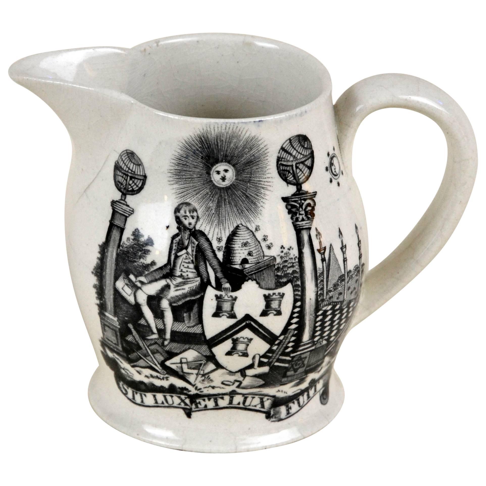 1820s Masonic Creamware Jug with Black Transfer Prints of Masonic Symbols For Sale