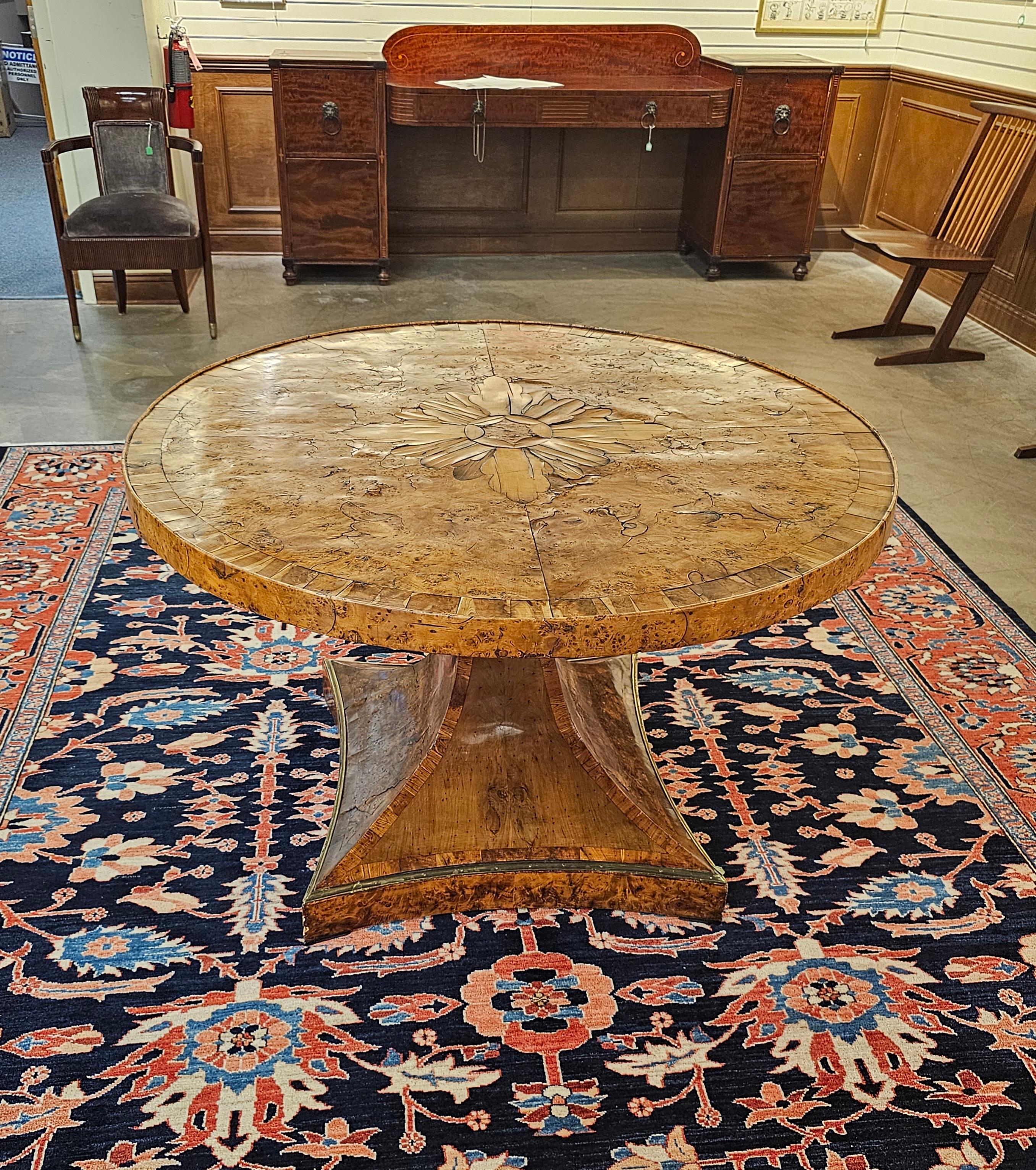 1820s Biedermeier Brass Mounted Carelian Birch and Marquetry Center Table For Sale 11