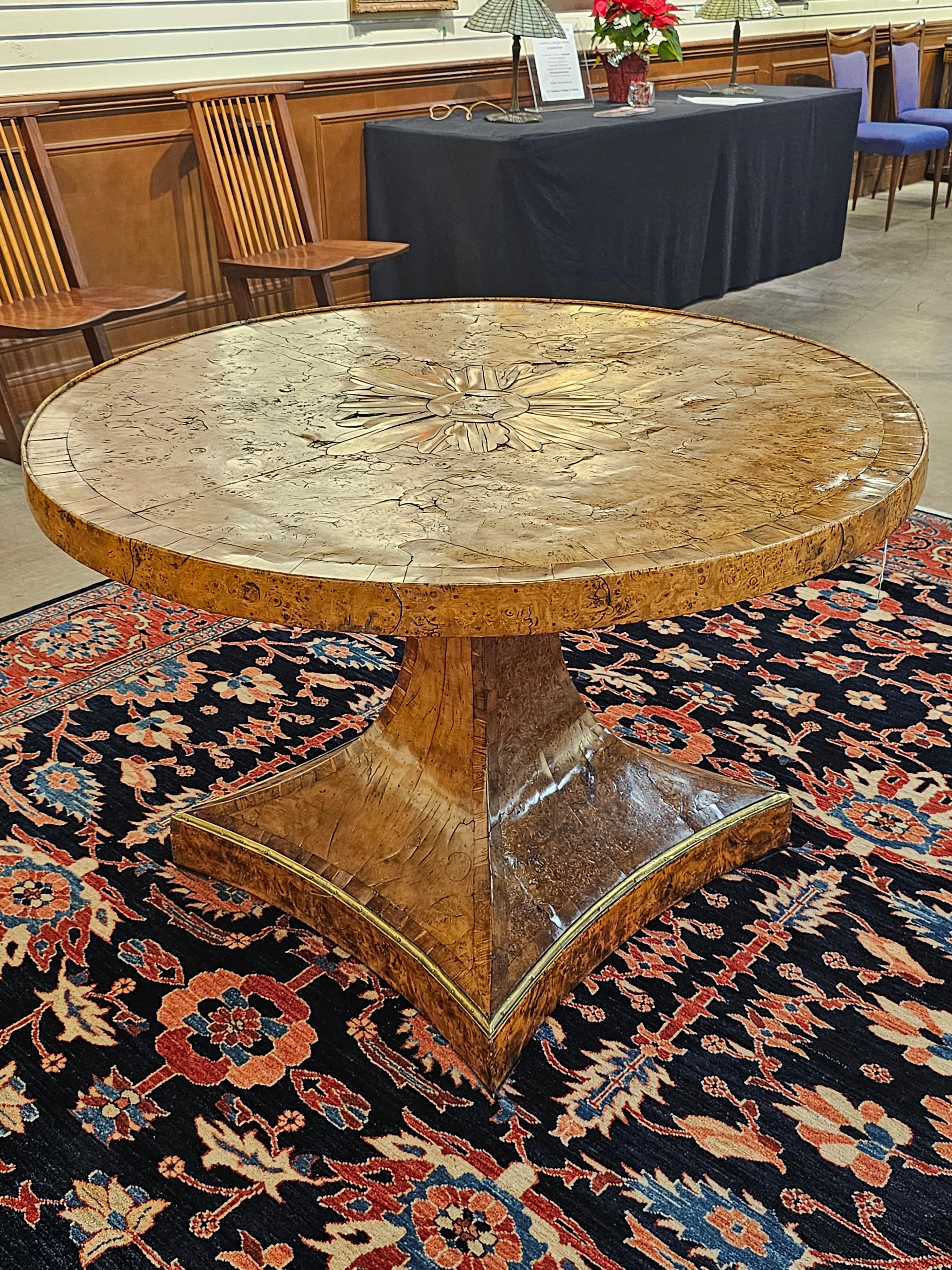 1820s Biedermeier Brass Mounted Carelian Birch and Marquetry Center Table In Good Condition For Sale In Germantown, MD