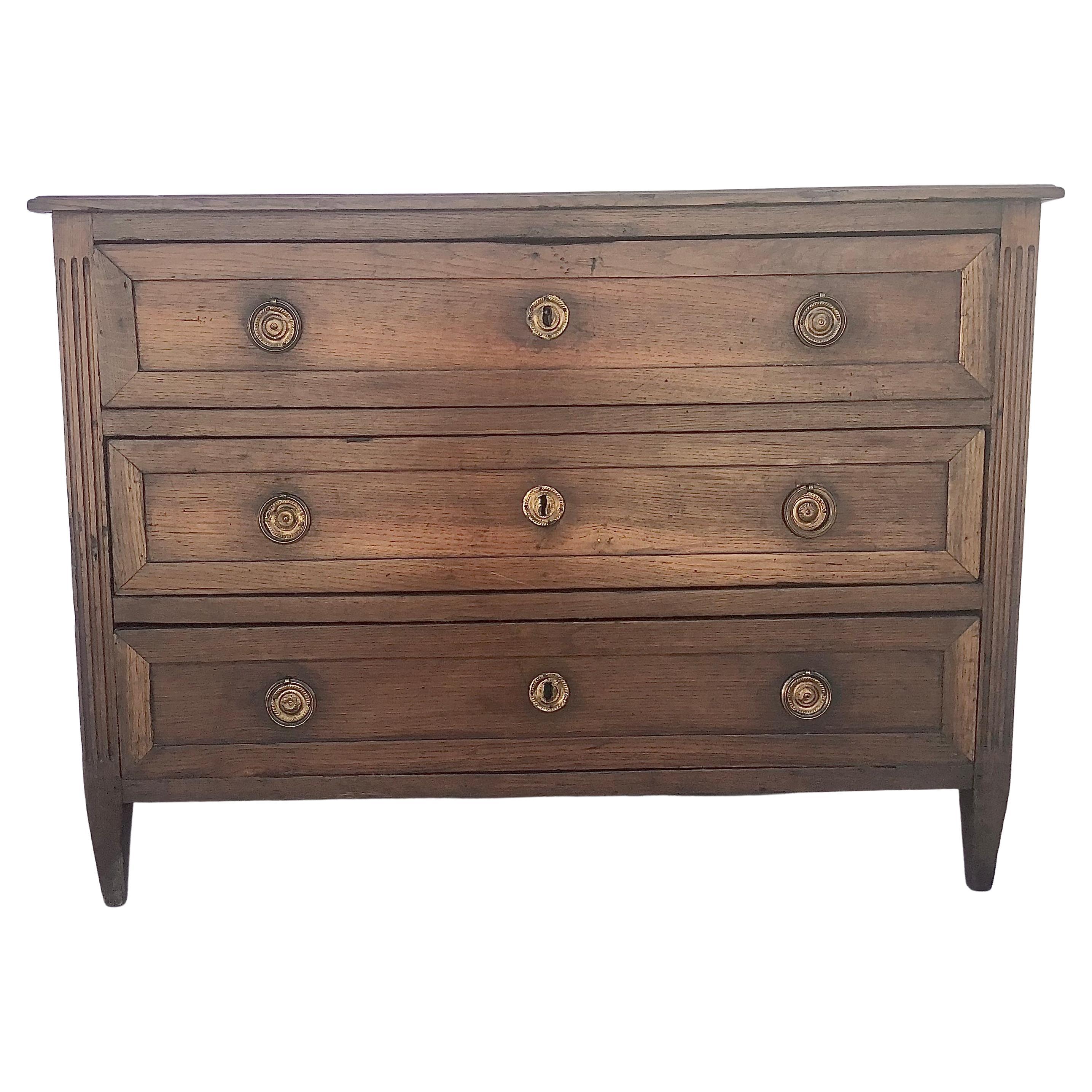 1820s Neoclassical Period French Three-Drawer Walnut Commode with Brass Trim