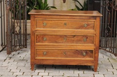 1820s Neoclassical Period French Three-Drawer Walnut Commode with Brass Trim