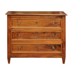 1820s Neoclassical Period French Three-Drawer Walnut Commode with Brass Trim