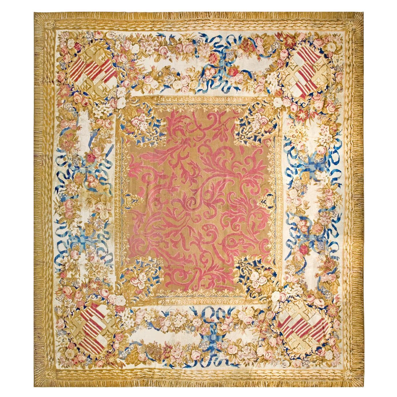 1820s Pink 
Camel Floral European English Axminster Rug 14
4" x 16
2" Carpet For Sale