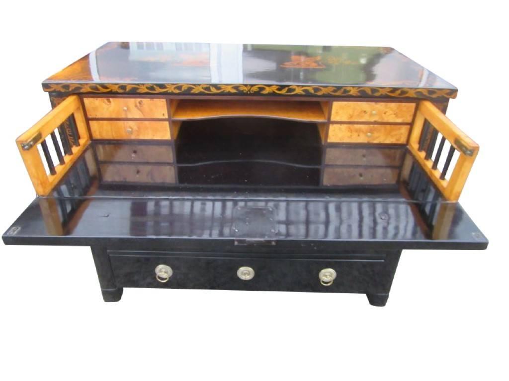 A in 1820 manufactured black secretaire commode from Austria. The commode was polished with black shellac to bring out the wonderful color of the piece. Is decorated with black lot painting of lions and tendrils motifs on the top and the upper